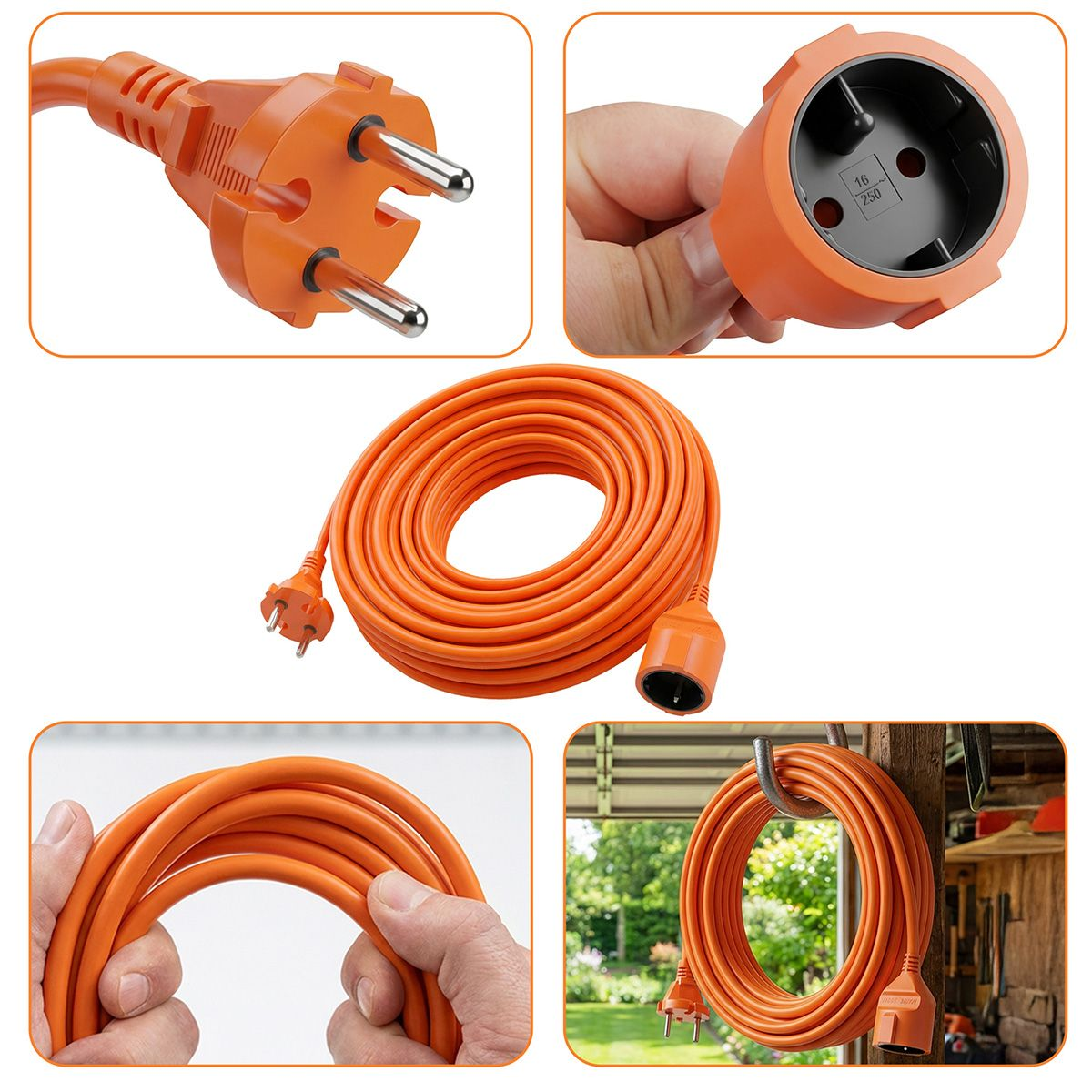 Pomarańczowy kabel przedłużający z wtyczką i gniazdem, zwinięty i zawieszony na haku.