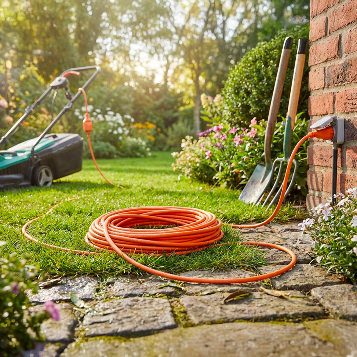 Pomarańczowy kabel przedłużający leży na trawie obok kosiarki do trawy.