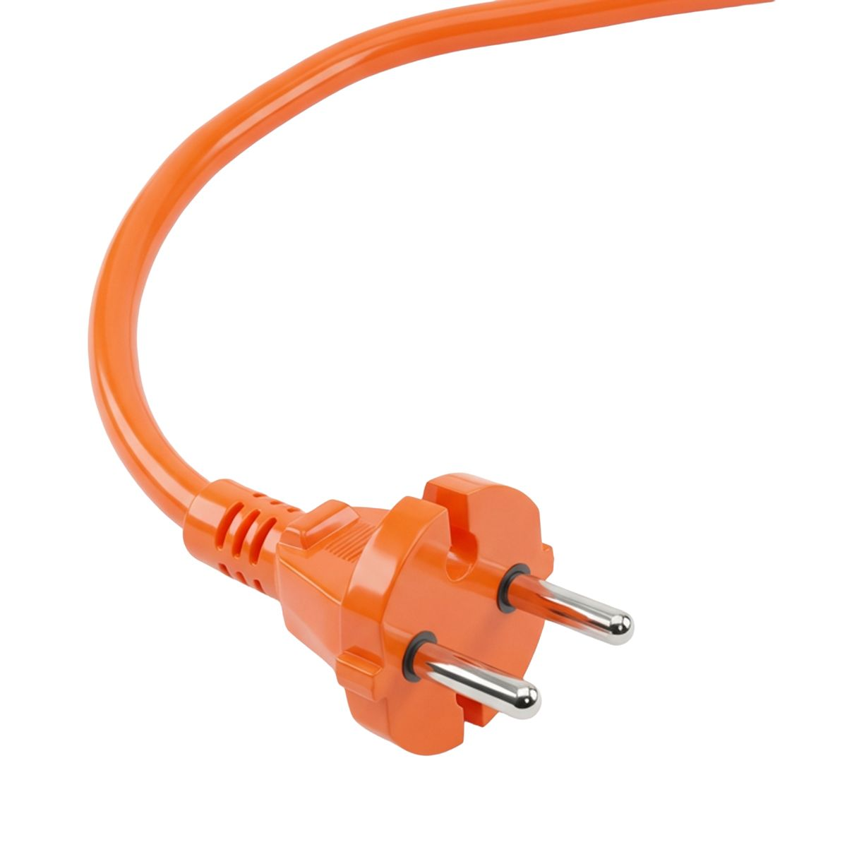 Pomarańczowa wtyczka elektryczna z dwoma metalowymi bolcami i kablem.