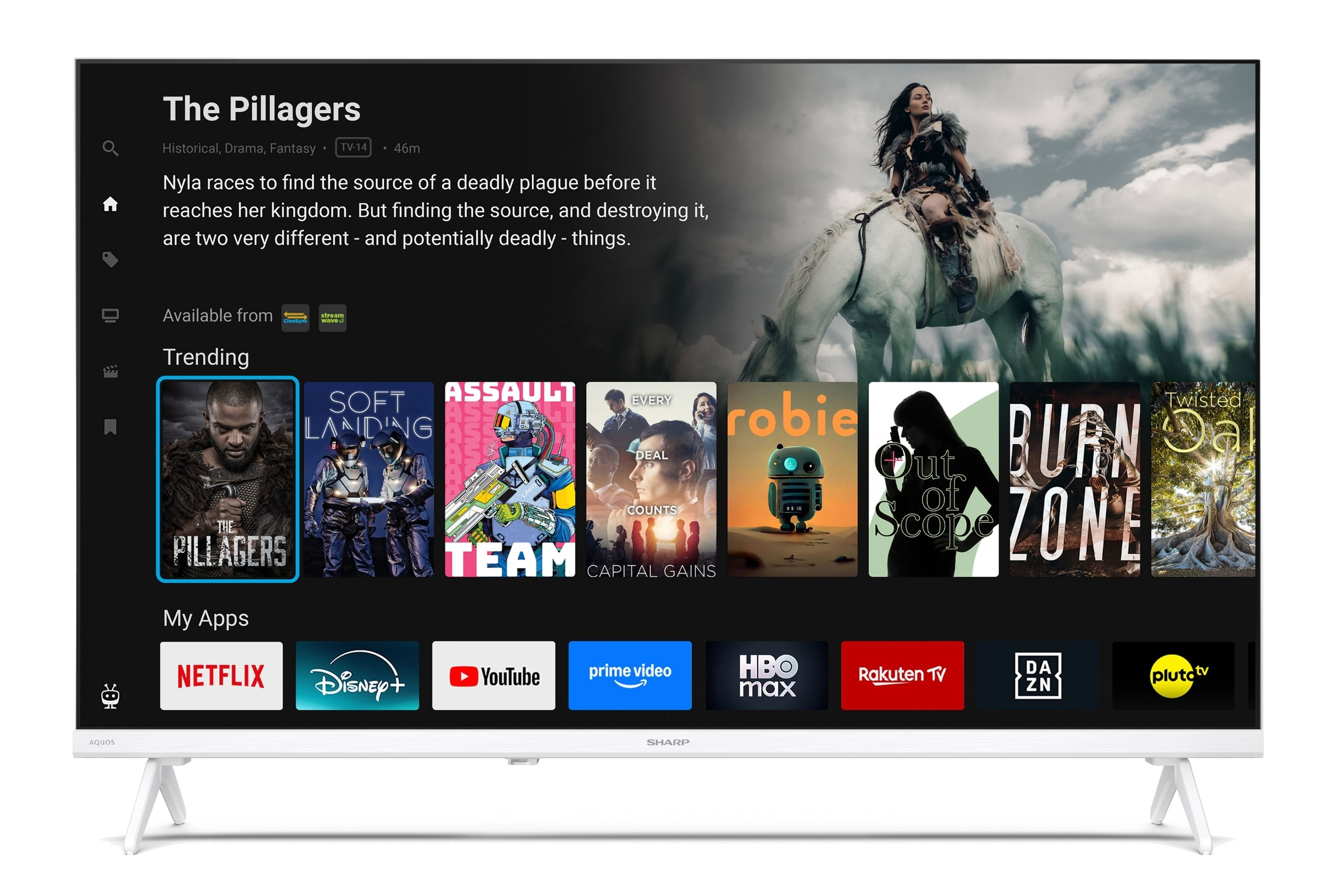 Ein Fernsehbildschirm zeigt eine Streaming-App mit Filmpostern und App-Symbolen.