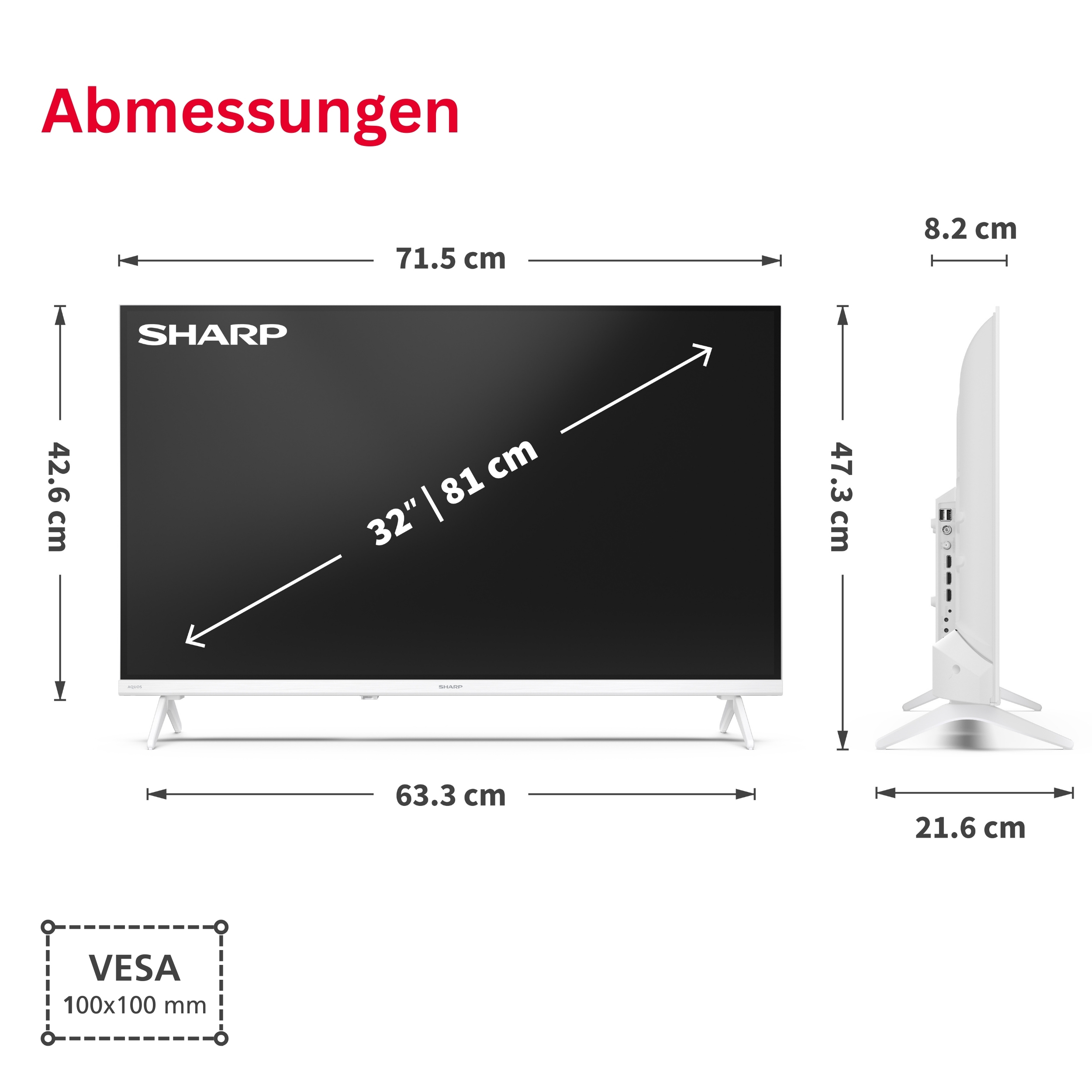 Abmessungen eines weißen Sharp Fernsehers: 71,5cm Breite, 42,6cm Höhe.