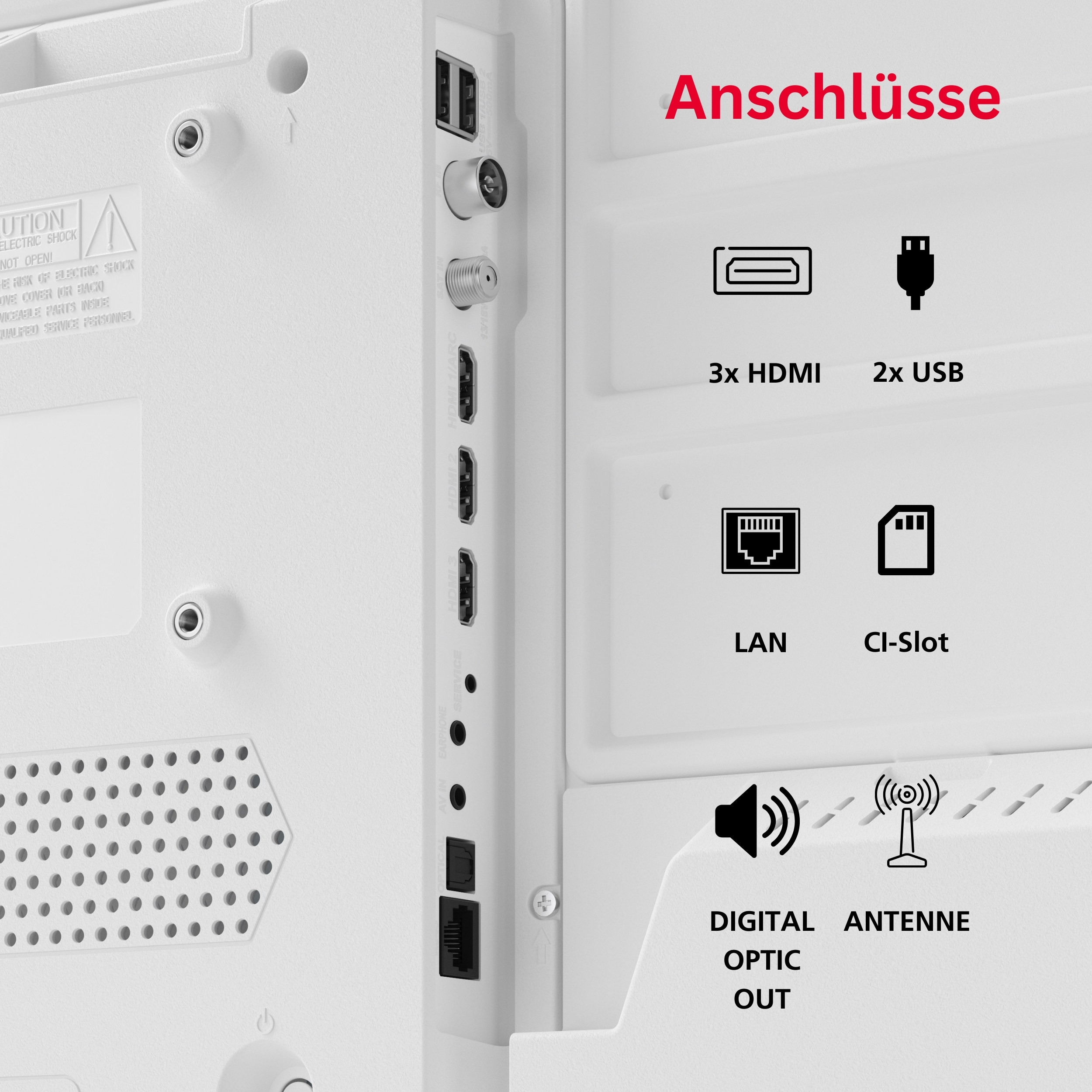 Anschlüsse: 3x HDMI, 2x USB, LAN, CI-Slot, Digital Optic Out, Antenne.