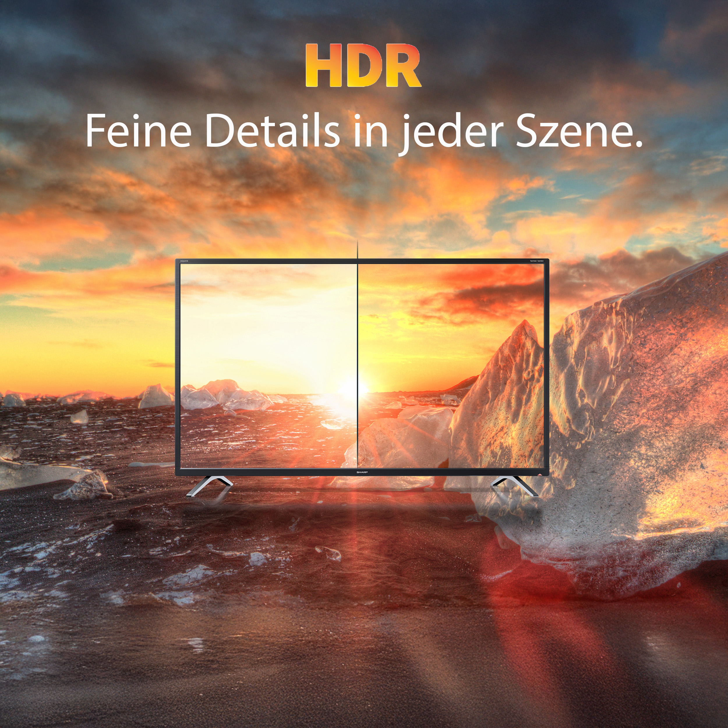 Ein Fernseher zeigt eine Landschaft bei Sonnenuntergang. HDR-Details.