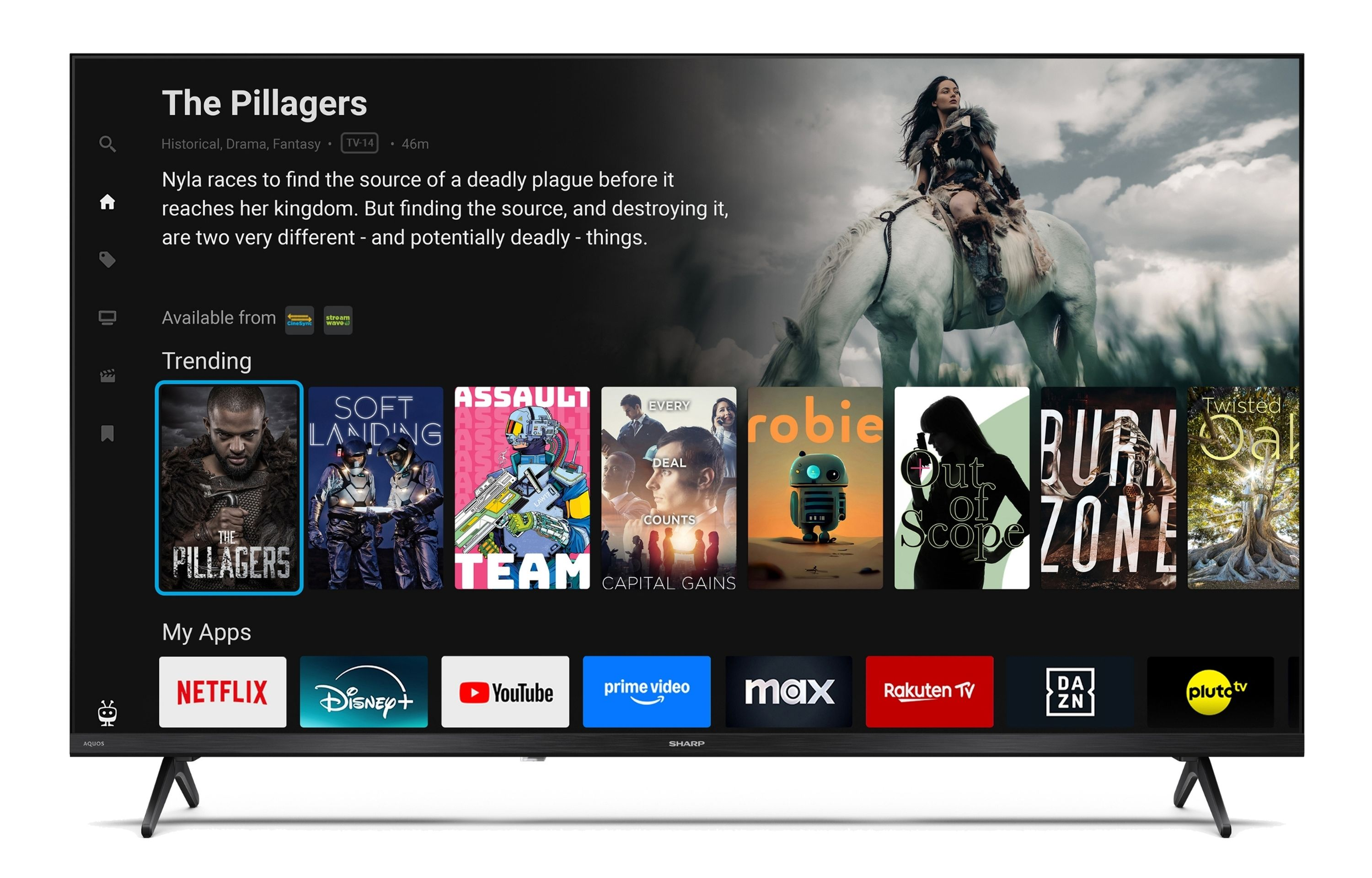 Ein Fernsehbildschirm zeigt eine Streaming-App mit Filmtiteln wie „The Pillagers“.