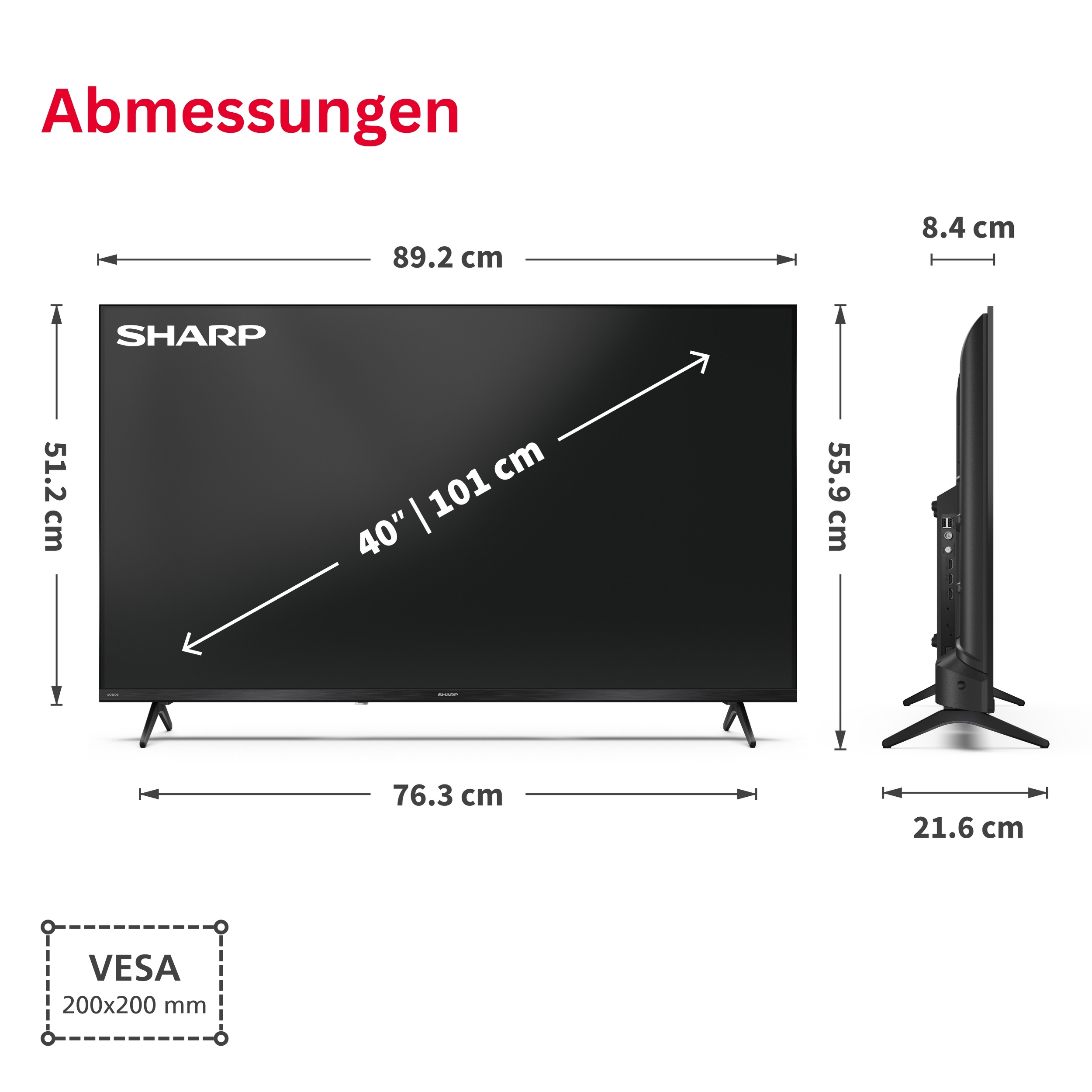 Maße eines 40-Zoll-Fernsehers: Breite 89,2 cm, Höhe 51,2 cm, Tiefe 8,4 cm.