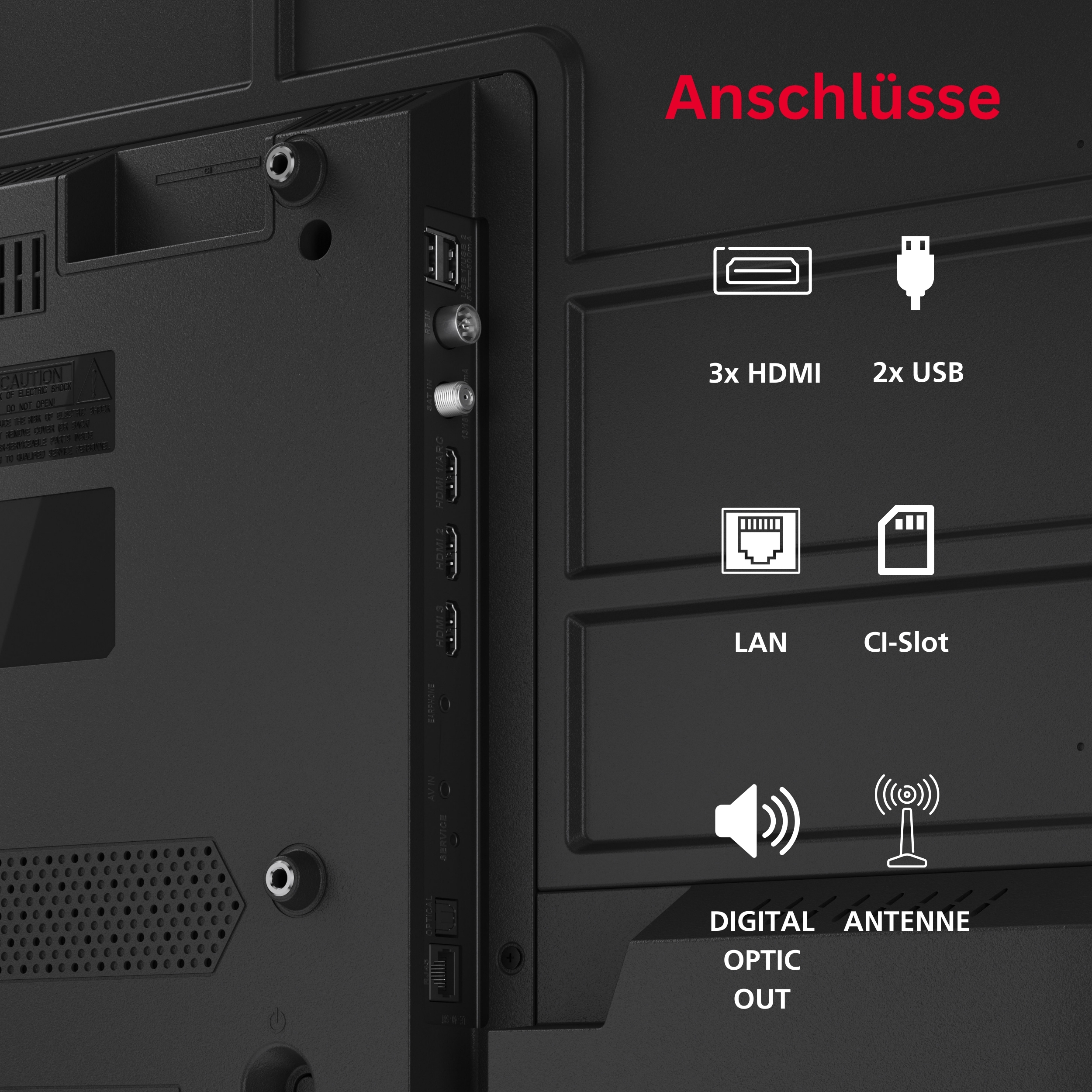 Anschlüsse: 3x HDMI, 2x USB, LAN, CI-Slot, Digital Antenne, Optic Out.