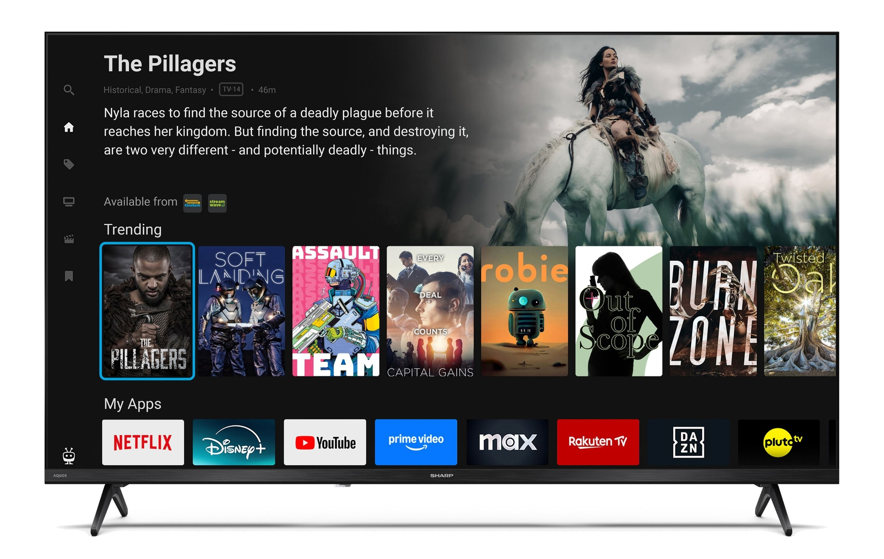 Ein Fernsehbildschirm zeigt die Benutzeroberfläche einer Streaming-App mit Titeln.