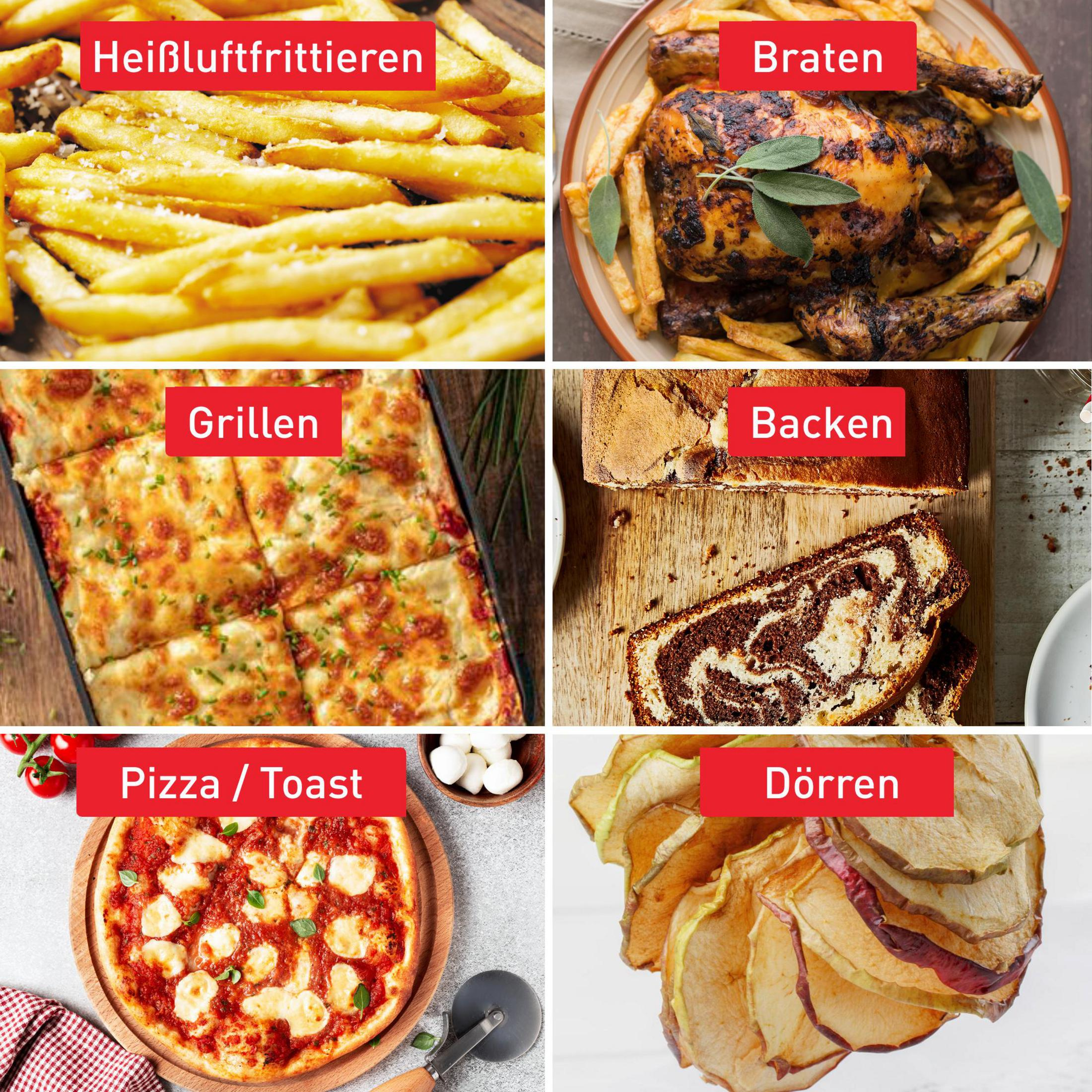 Pommes Frites, Braten, Pizza, Kuchen, Apfelringe und Brot