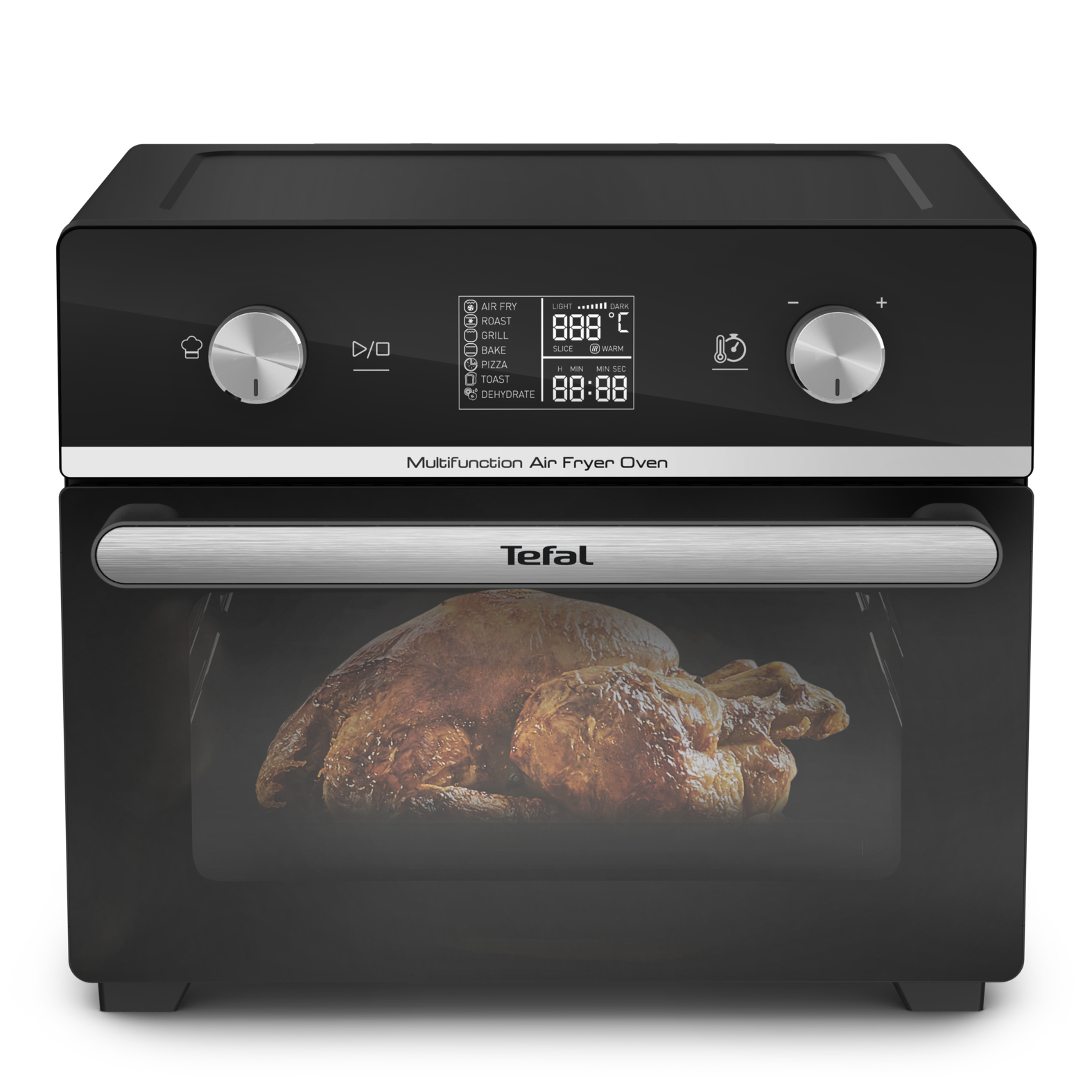 Ein schwarzer Multifunktions-Heißluftfritteusen-Ofen mit einem gebratenen Huhn im Inneren.
