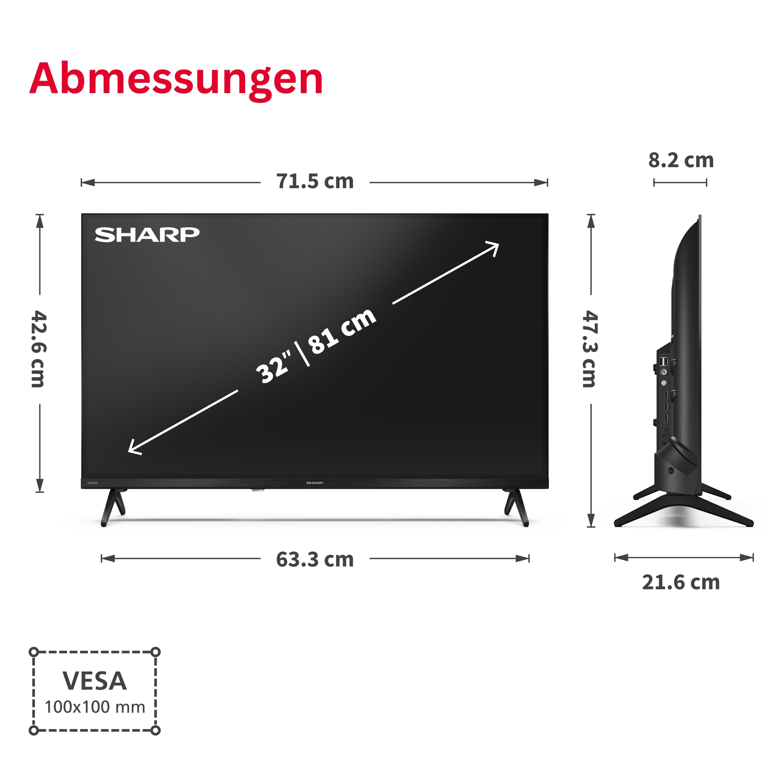 Abmessungen eines 32-Zoll-Sharp-Fernsehers mit Standfüßen, Breite 71,5 cm.