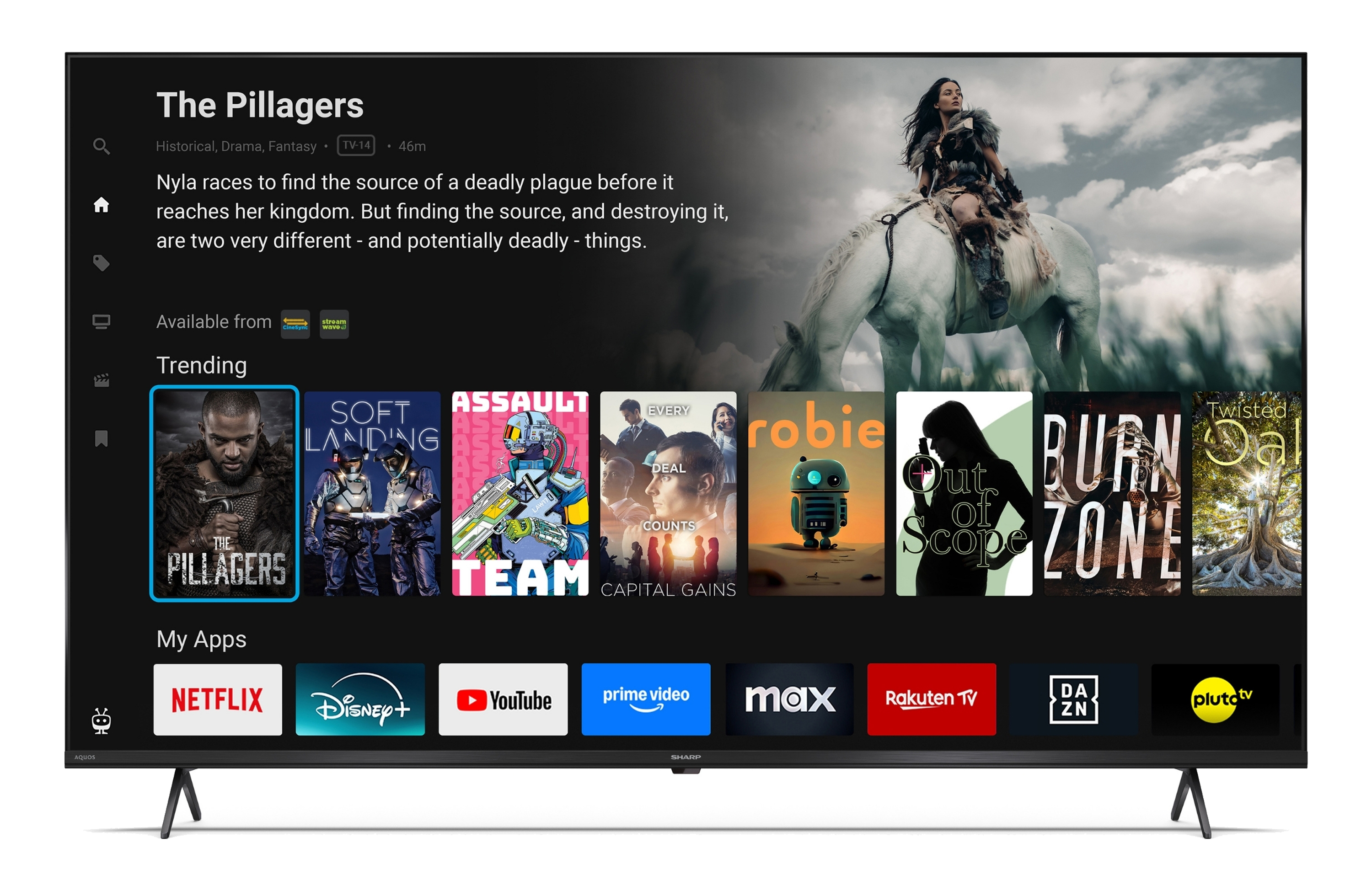 Fernsehbildschirm mit Filmwerbung und App-Symbolen.