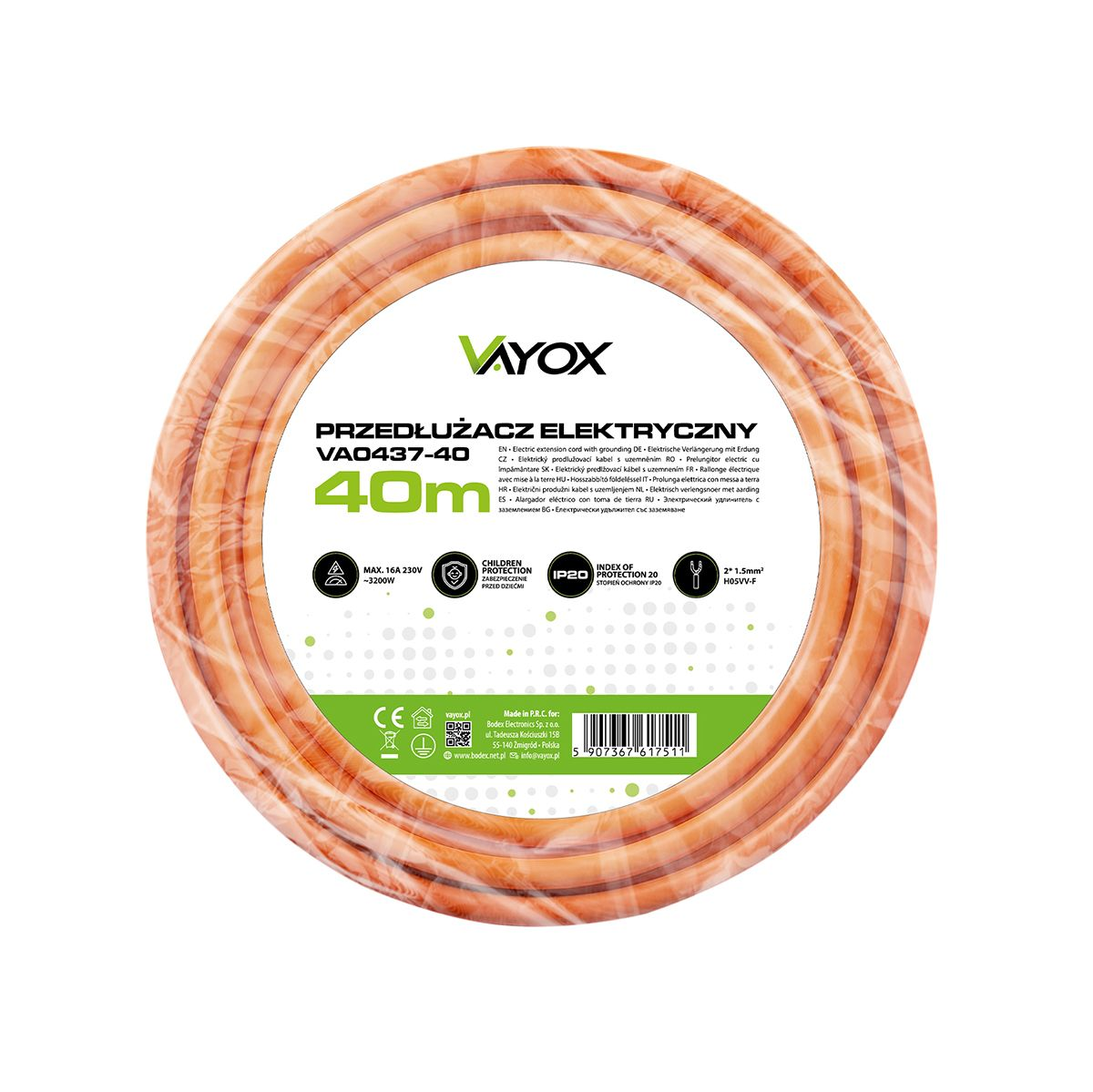 Pomarańczowy Vayox VA0437-40 40m przedłużacz z uziemieniem, 16A, 3200W.