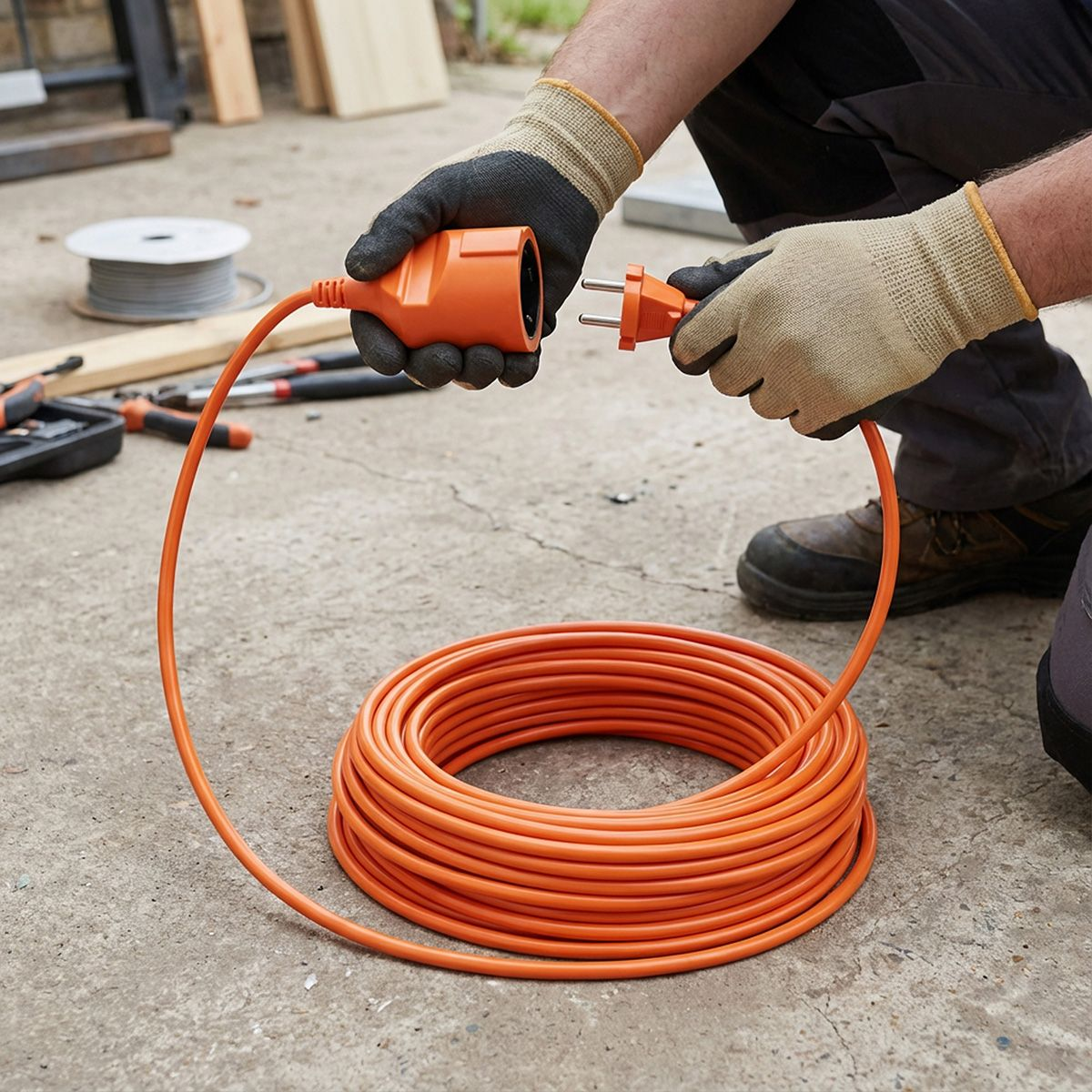 Mężczyzna podłącza pomarańczową wtyczkę do gniazdka, kabel zwinięty na betonie.