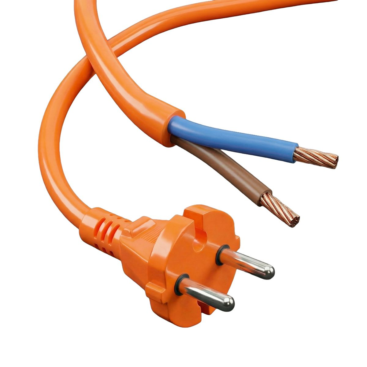 Pomarańczowy kabel zasilający z wtyczką i dwoma odizolowanymi przewodami.