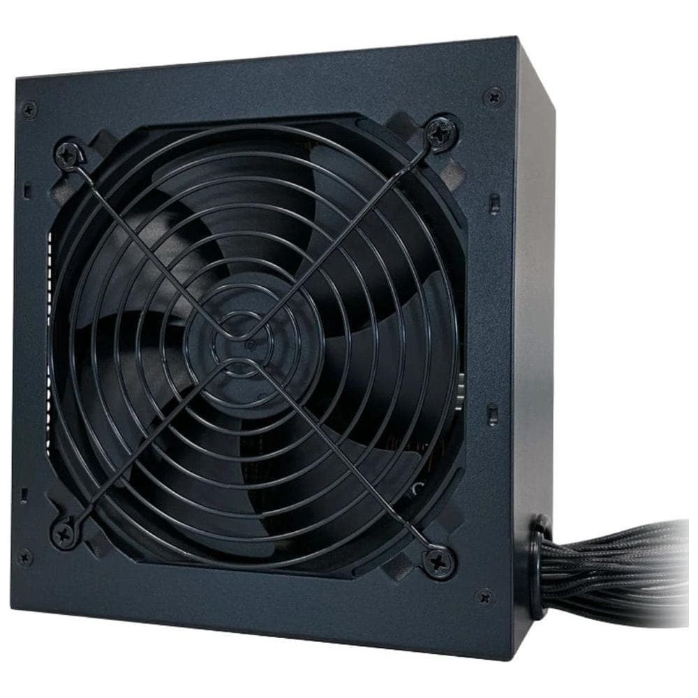 Boîtier d'alimentation noir avec grille de ventilateur et câbles, sur fond blanc.