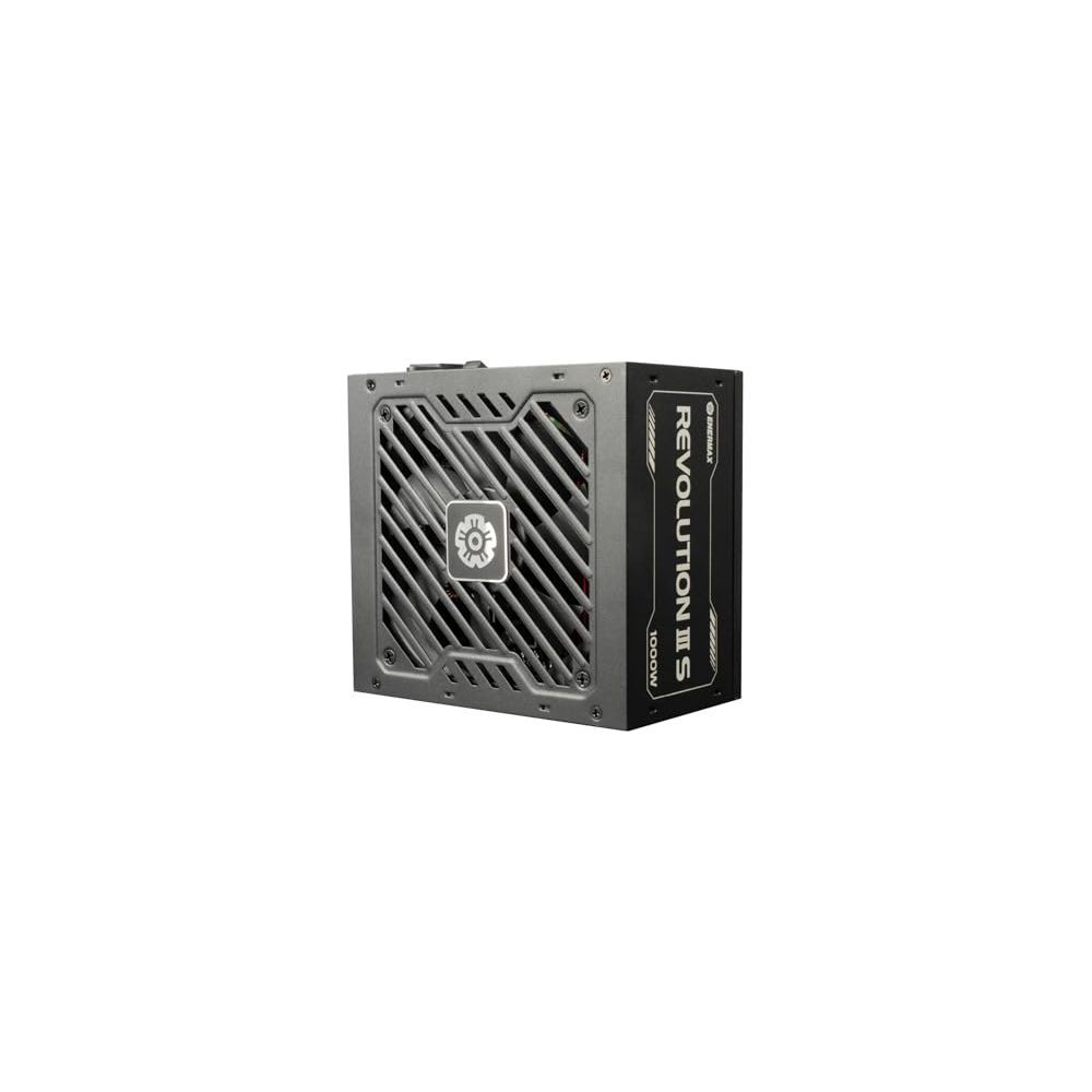 Un alimentatore per computer grigio con griglia della ventola ed etichettatura.