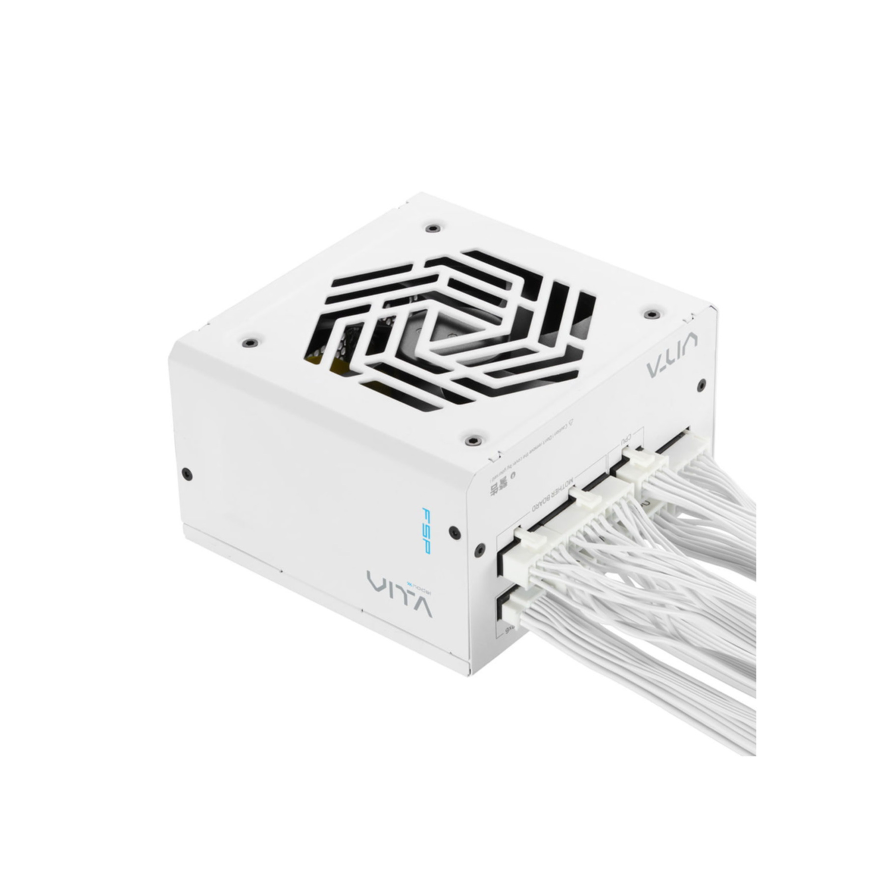 Alimentatore bianco per computer con griglia ventola e cavi bianchi collegati.