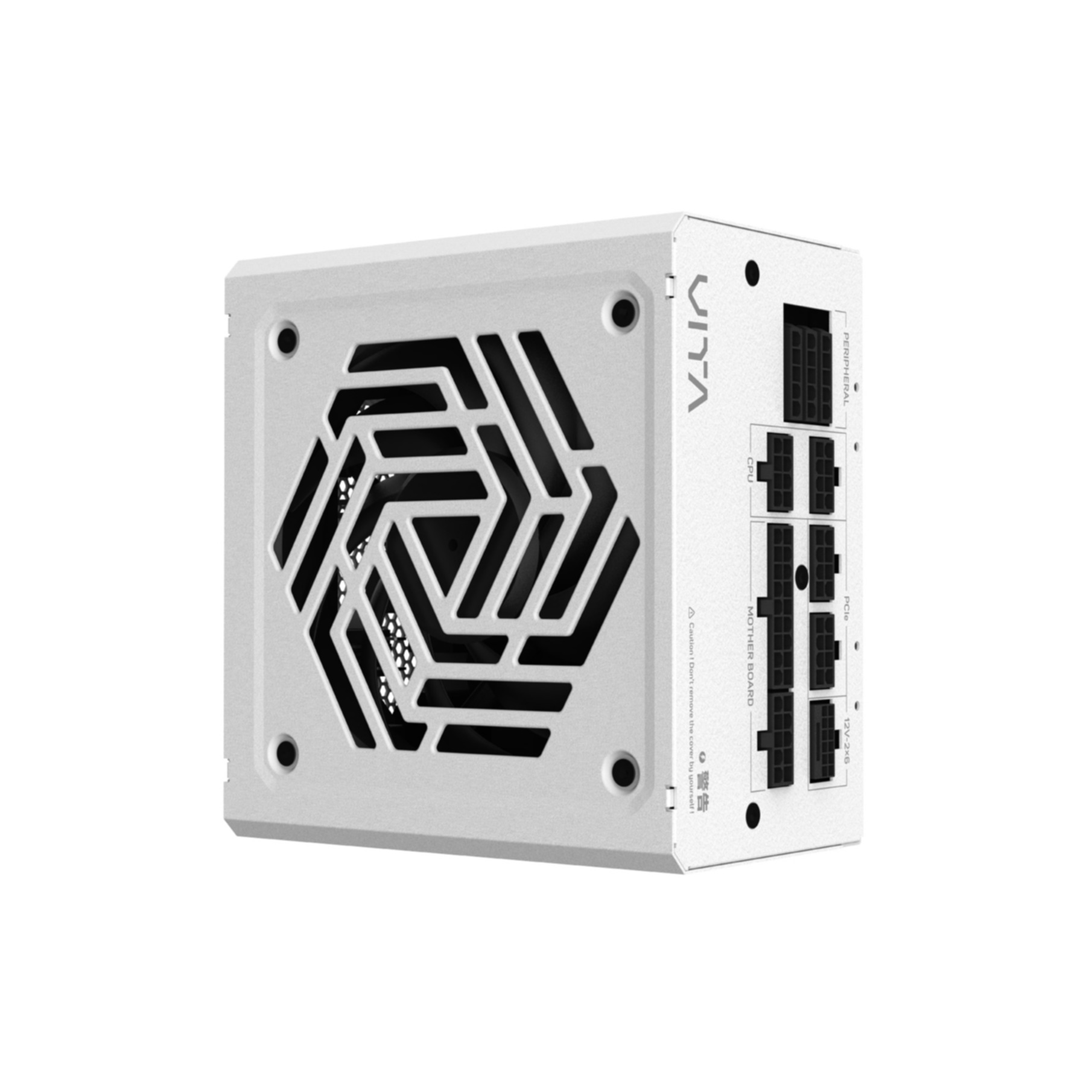 Un alimentatore bianco con griglia della ventola e connettori. Etichette: VITA, CPU, PCIe, PERIPHERAL.
