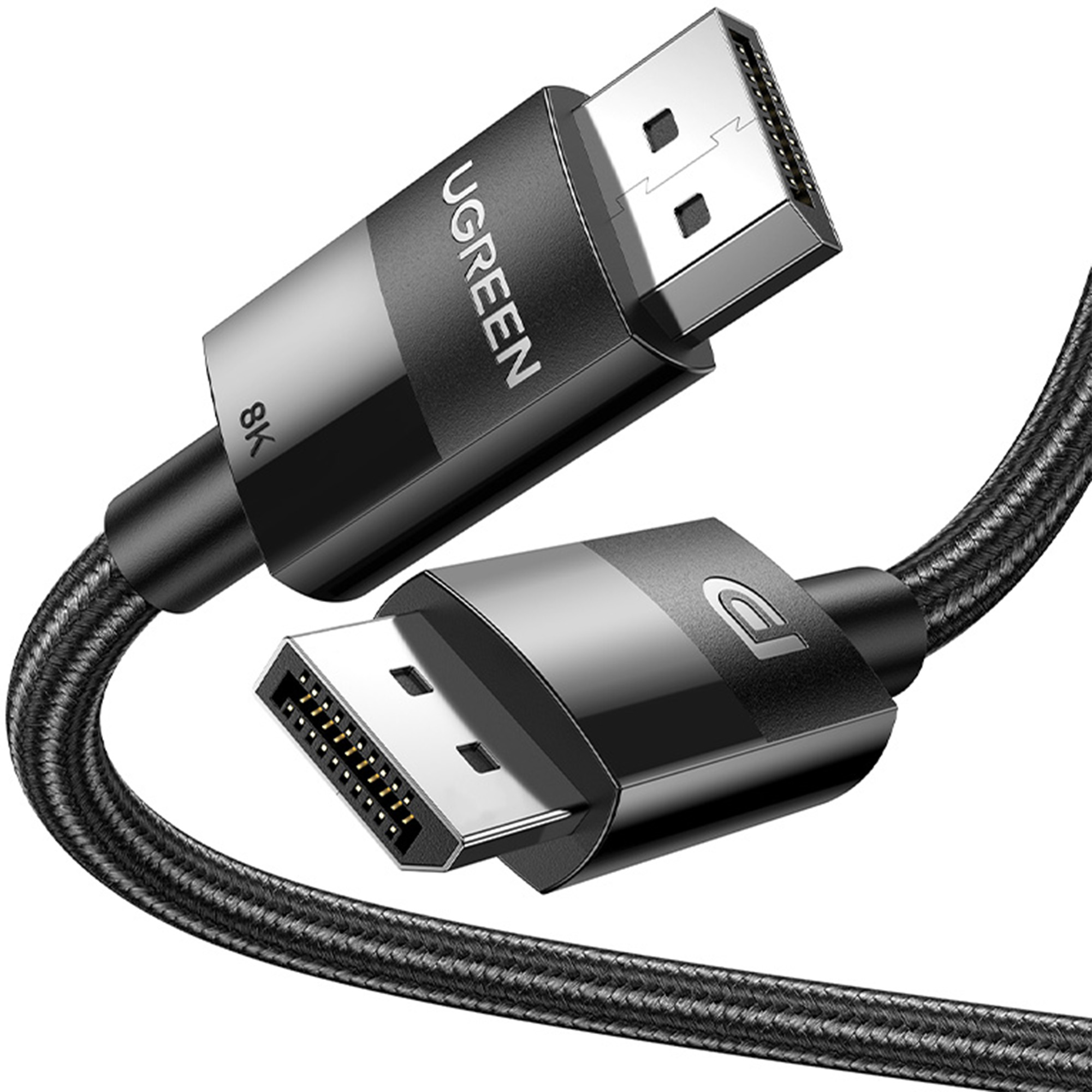Czarny kabel UGREEN 8K DisplayPort z dwoma złączami.