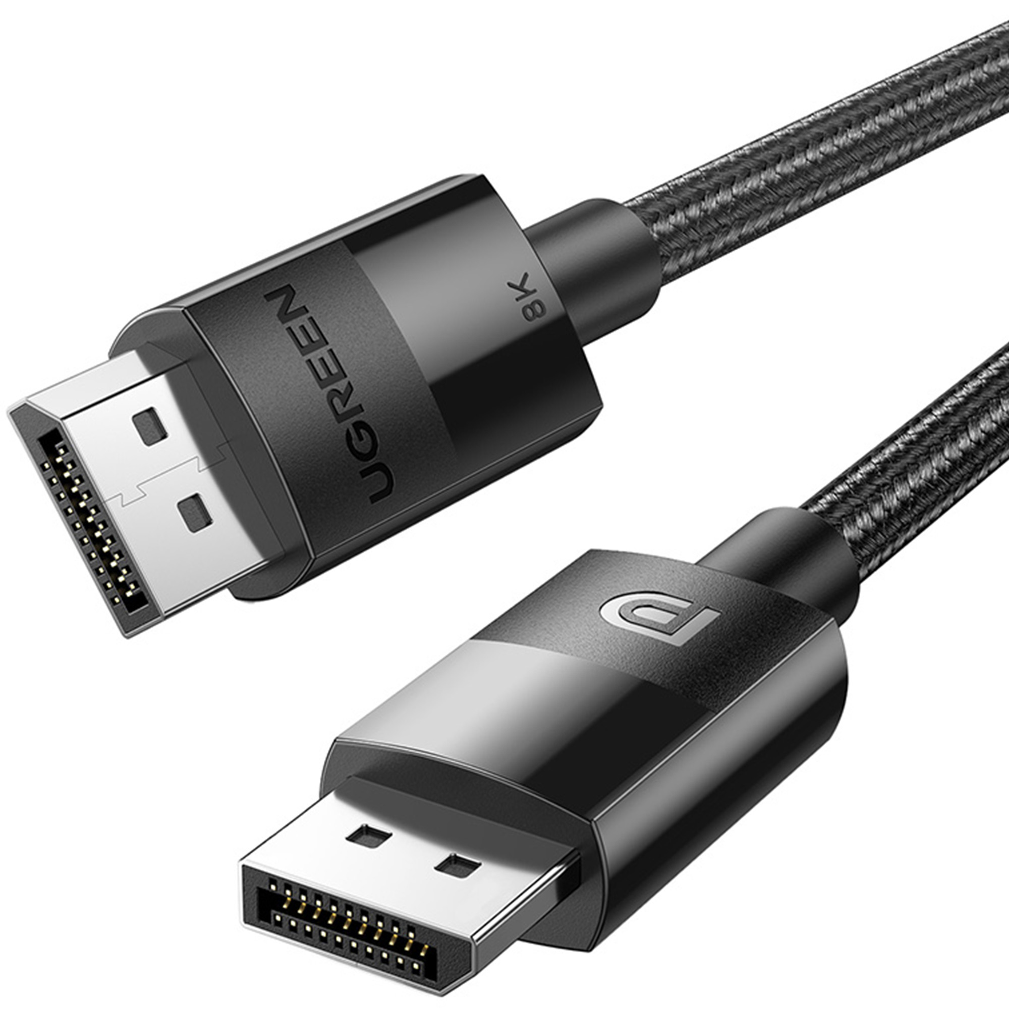 Dwa czarne kable DisplayPort z metalowymi złączami i plecionymi przewodami.