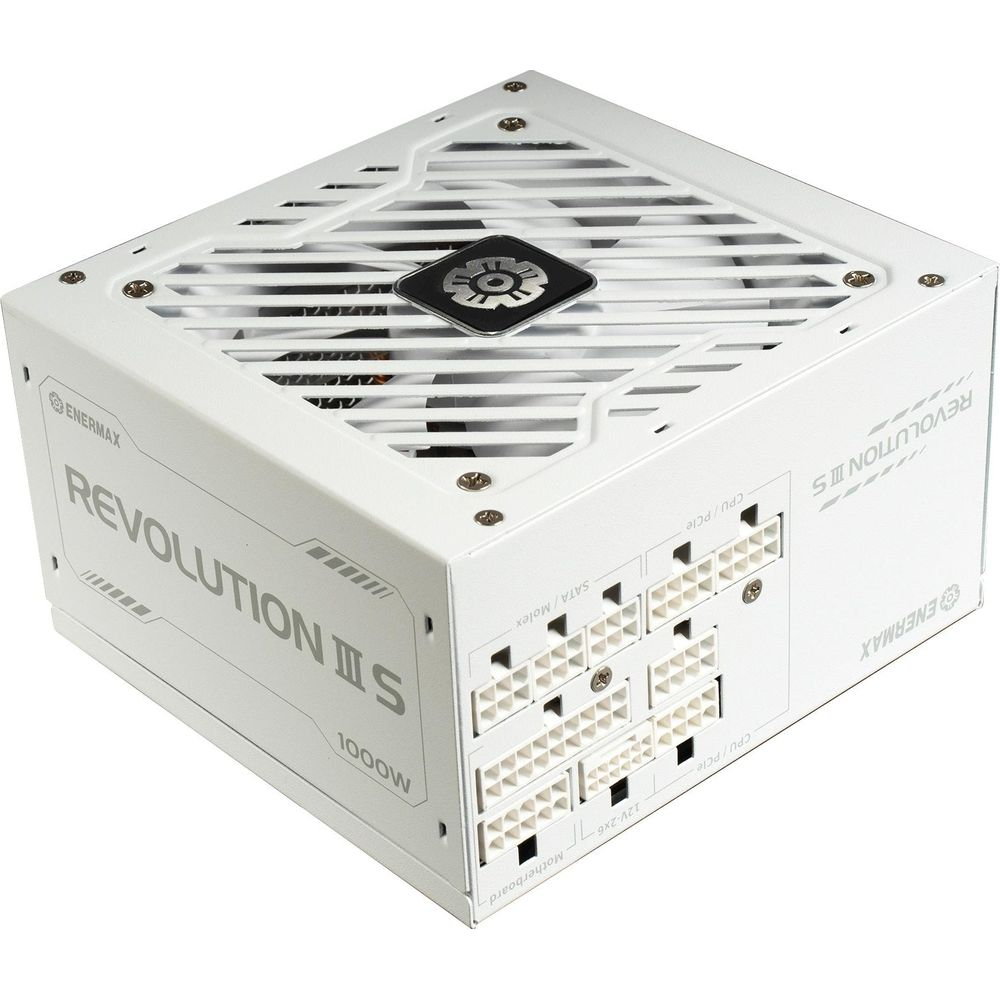 Un alimentatore bianco con ventola e connettori, modello Revolution III 1000W.