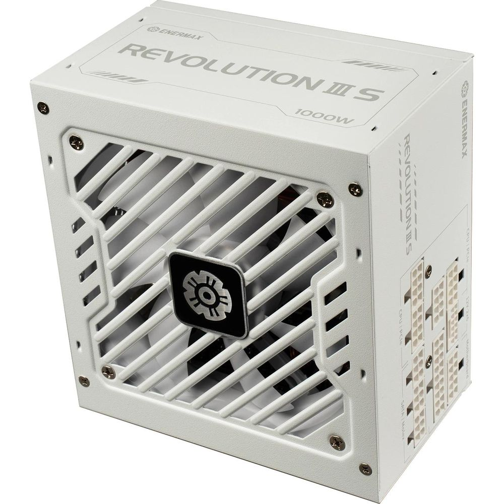 Un alimentatore bianco per computer con ventola e connettori.
