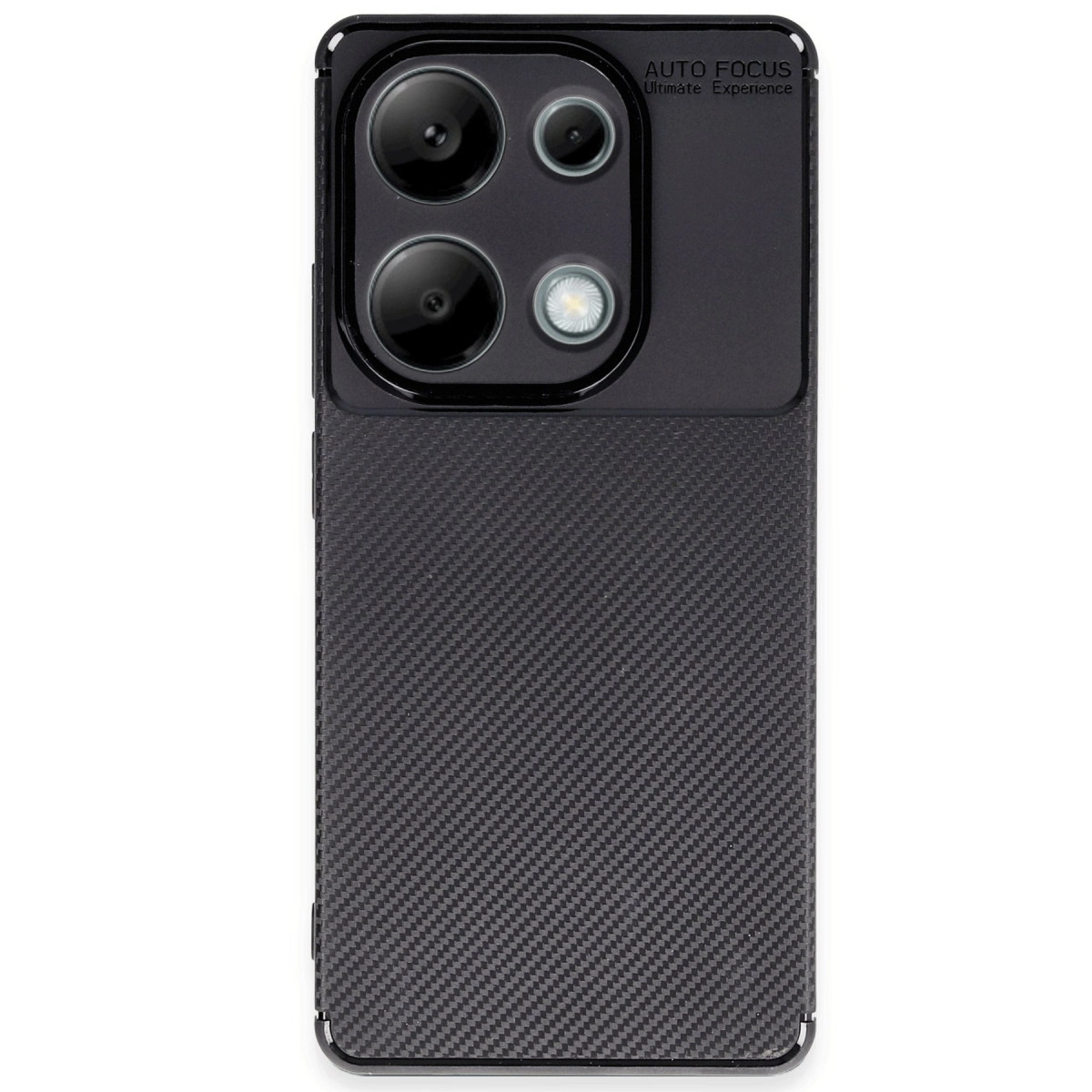 Karbon fiber dokulu, belirgin kamera modüllü siyah telefon kılıfı.