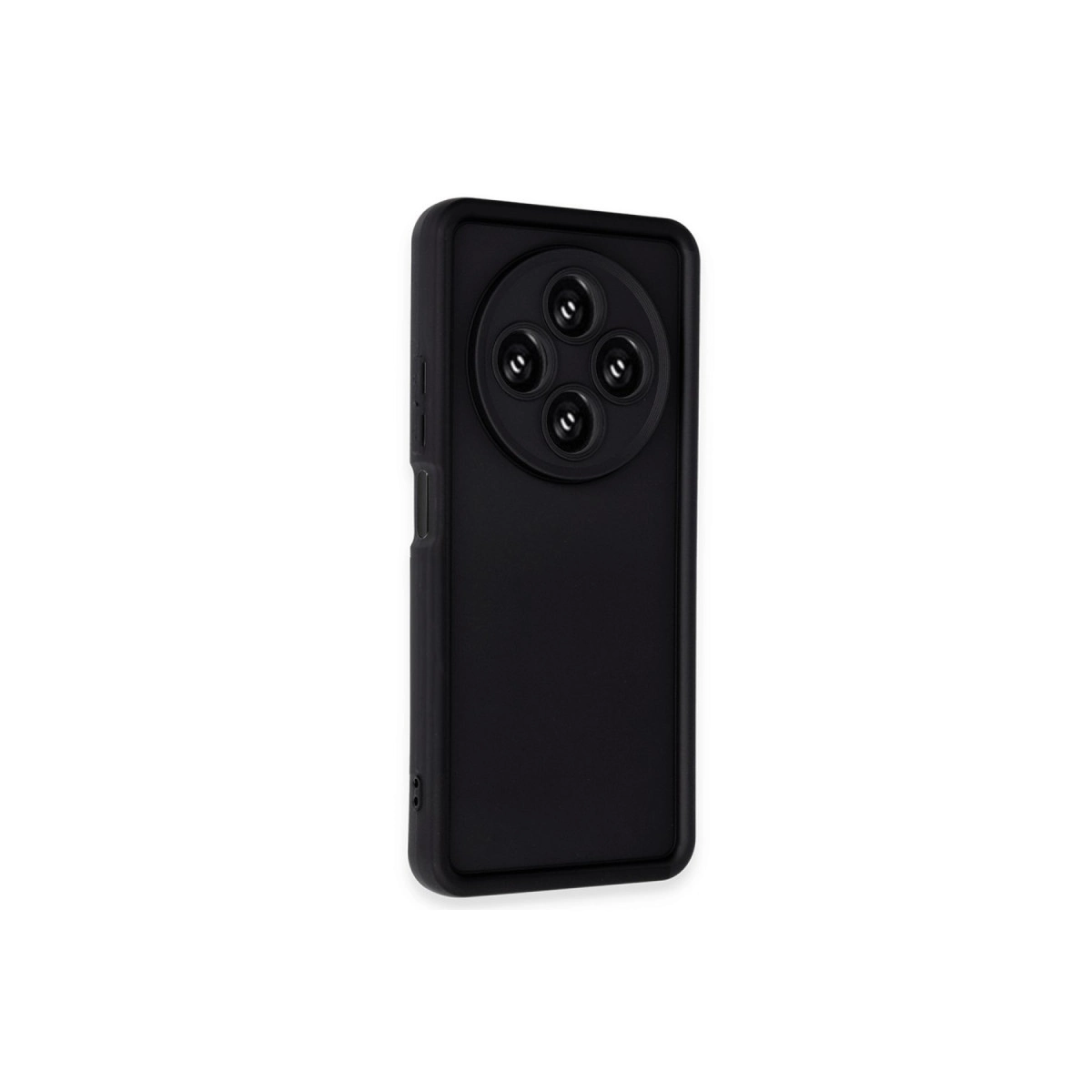 Arkada dört yuvarlak kamera lensli siyah telefon kılıfı.