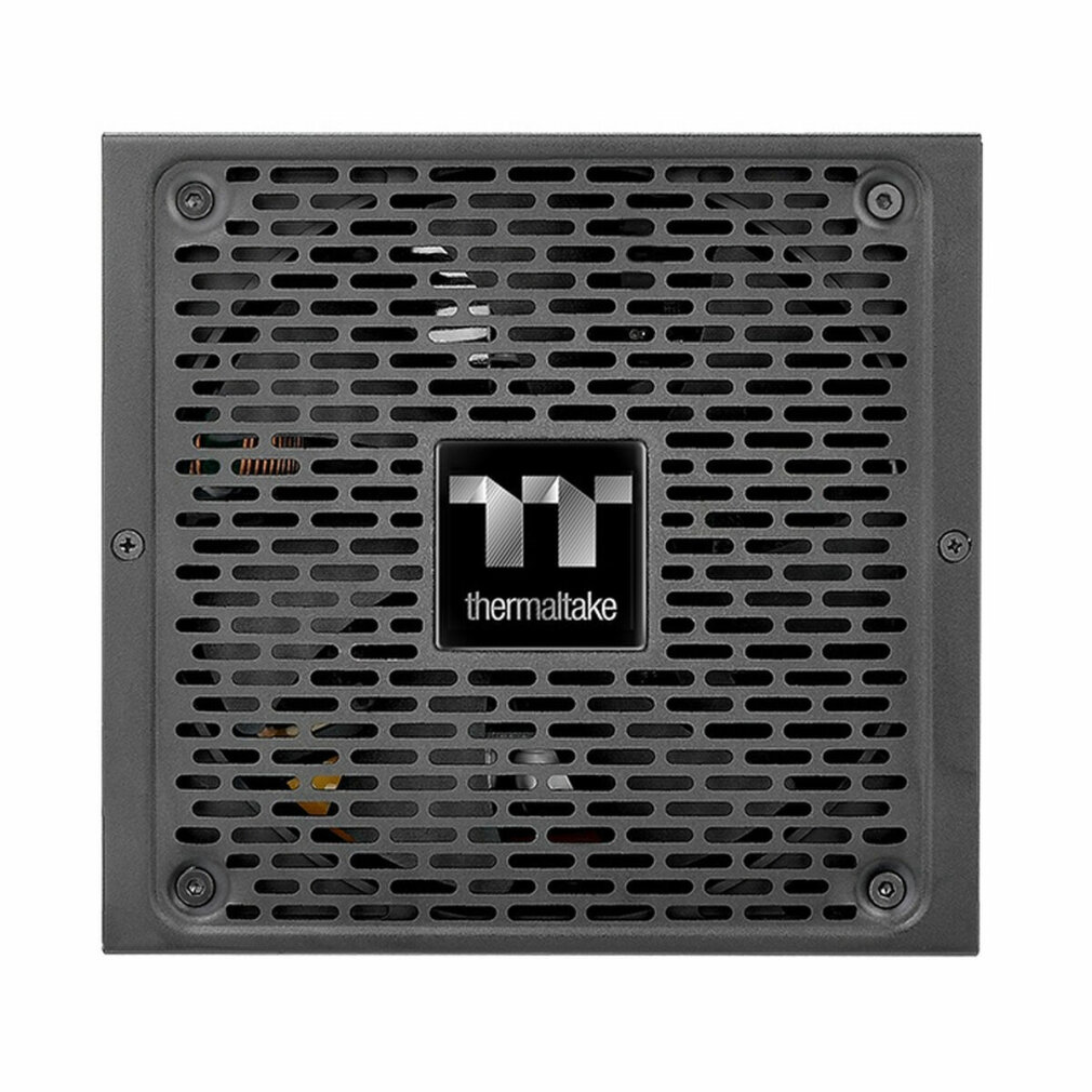 Zwart Thermaltake voeding ventilatorrooster met logo.