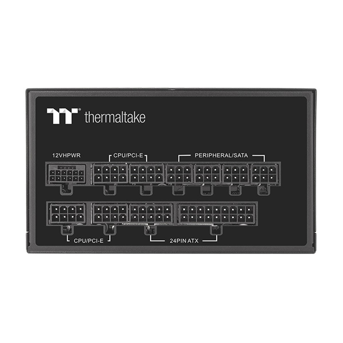 Thermaltake voeding met 12VHPWR, CPU/PCI-E, Peripheral/SATA, ATX poorten.