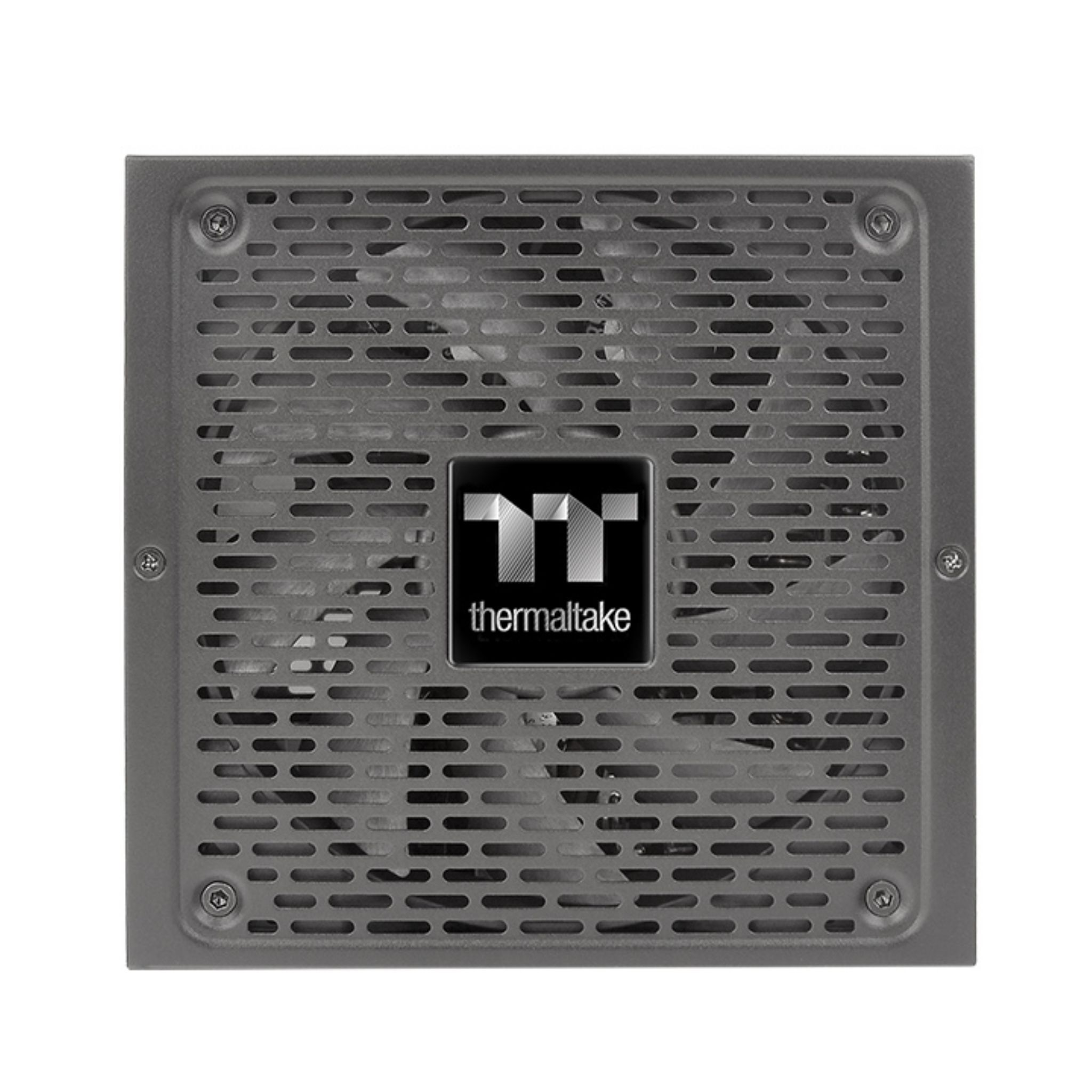 Grauer Thermaltake Netzteil-Lüftergitter mit Logo.