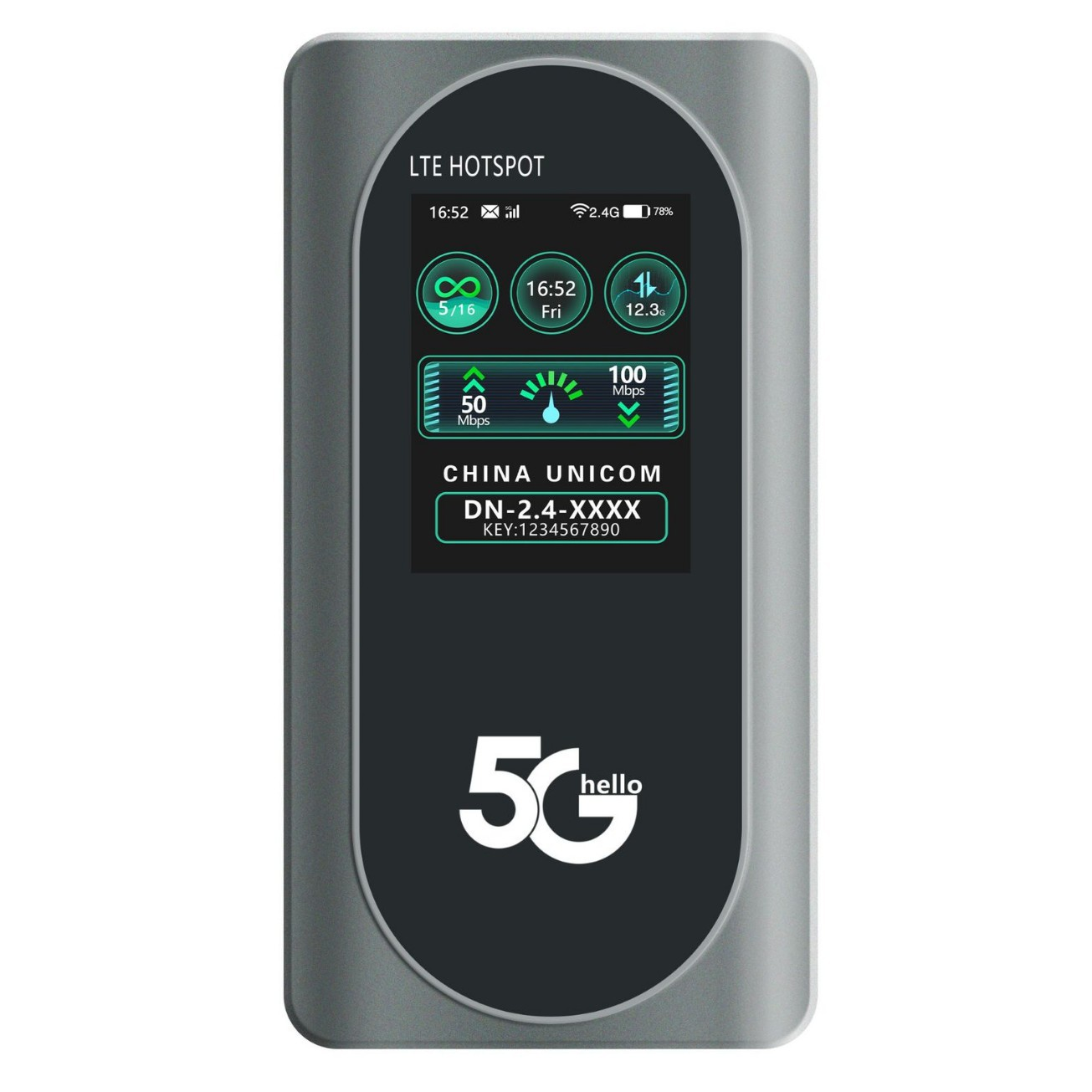 Graues LTE-Hotspot-Gerät mit 5G-Logo und Bildschirm.