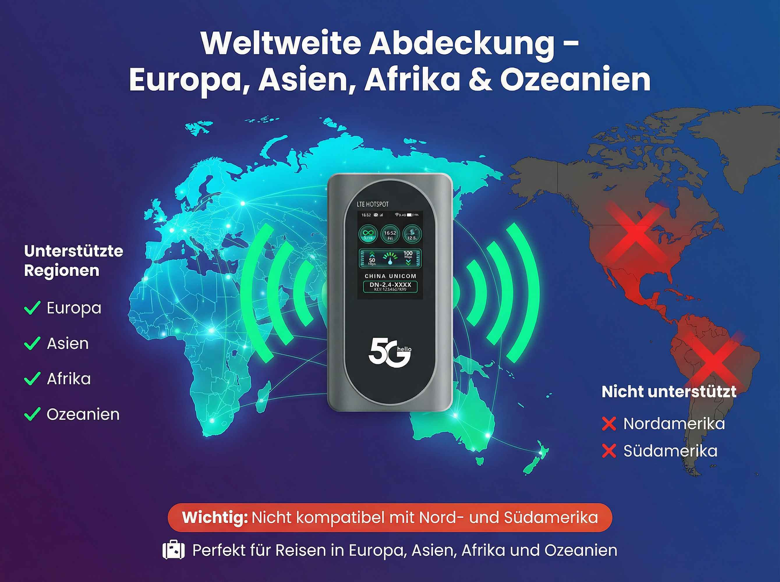 LTE Hotspot deckt Europa, Asien, Afrika & Ozeanien ab, nicht Nord-/Südamerika.