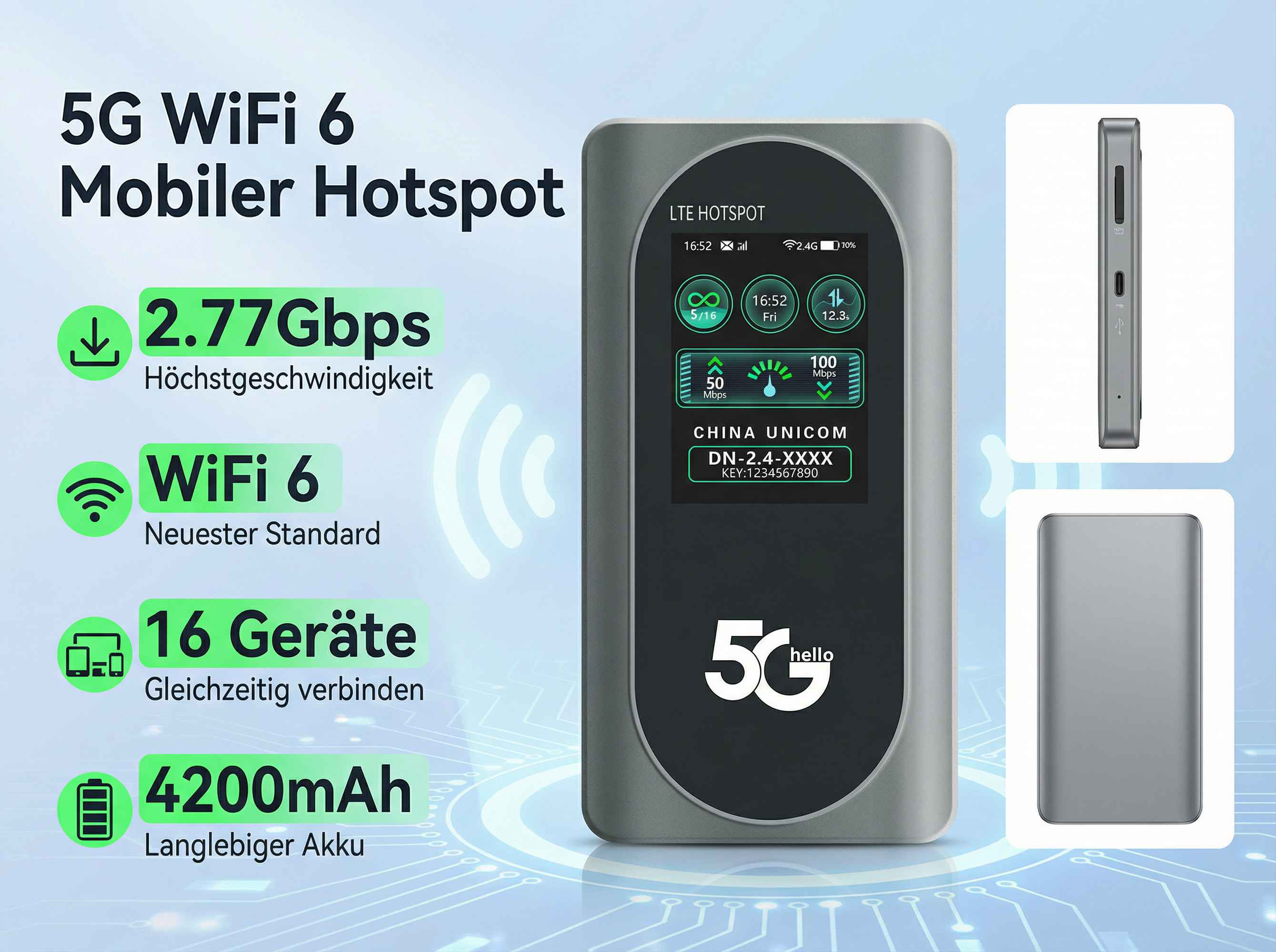 Grauer 5G WiFi 6 mobiler Hotspot mit Bildschirm, der Geschwindigkeit und Verbindungen anzeigt.