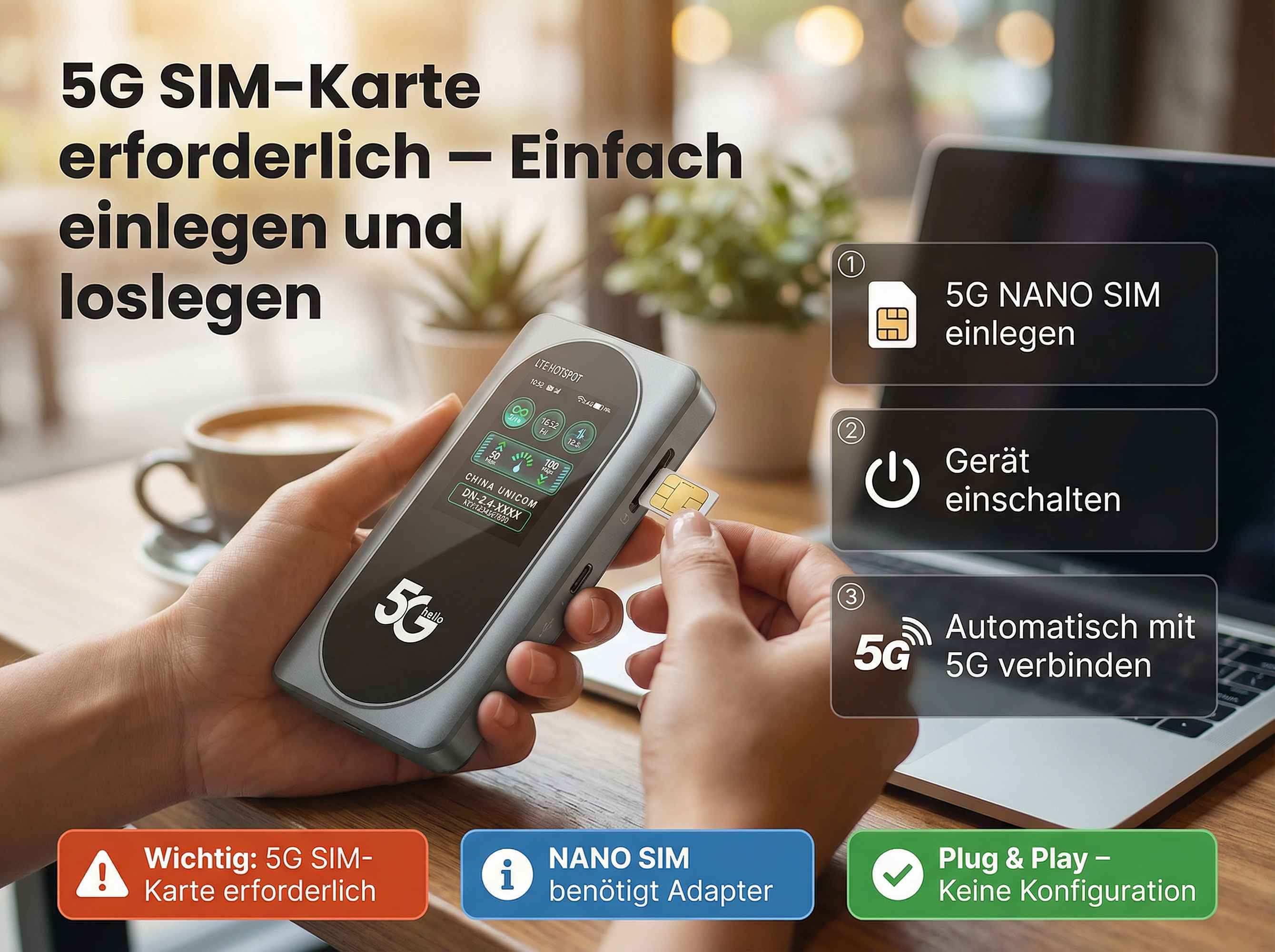 Eine Hand legt eine 5G-SIM-Karte in ein 5G-Hotspot-Gerät ein.