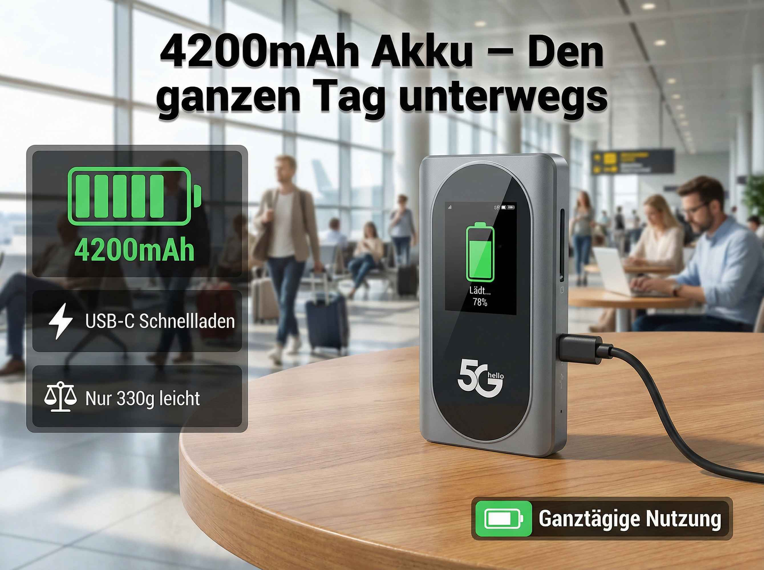 Graues 5G-Gerät mit 4200mAh Akku, lädt über USB-C, 330g leicht.