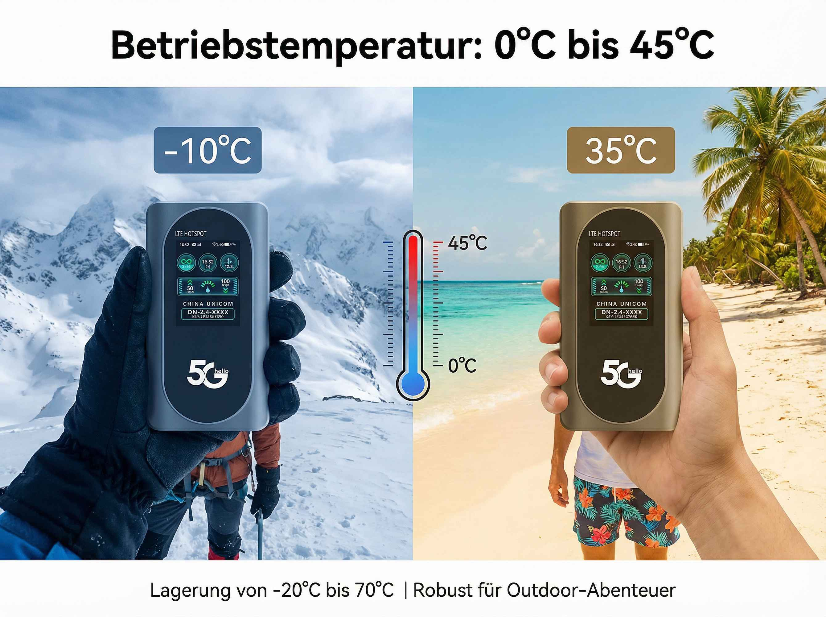 Ein LTE-Hotspot wird in kalter und warmer Umgebung gezeigt.