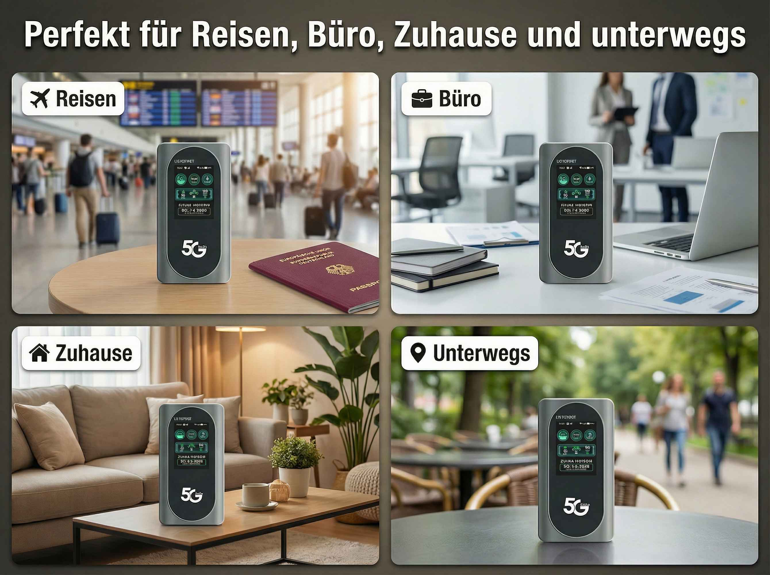 Ein 5G-Hotspot wird in vier Szenarien gezeigt: Reisen, Büro, Zuhause, unterwegs.