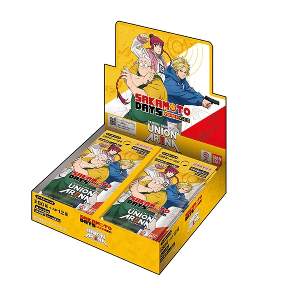 Sakamoto Days Trading Card Display mit Anime-Charakteren in Gelb und Rot.