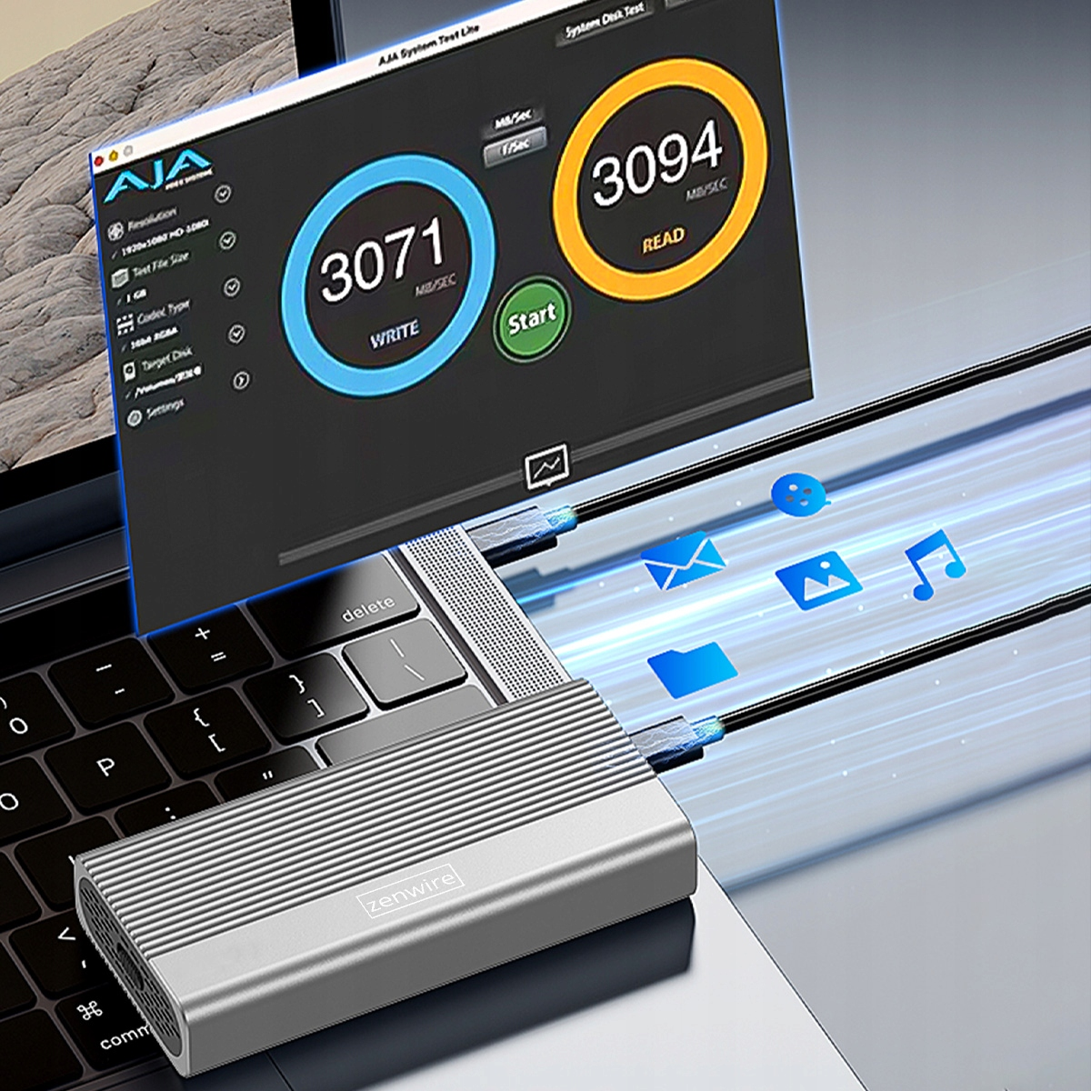 Srebrny zewnętrzny dysk SSD Zenwire podłączony do laptopa, pokazujący wyniki testów wydajności.
