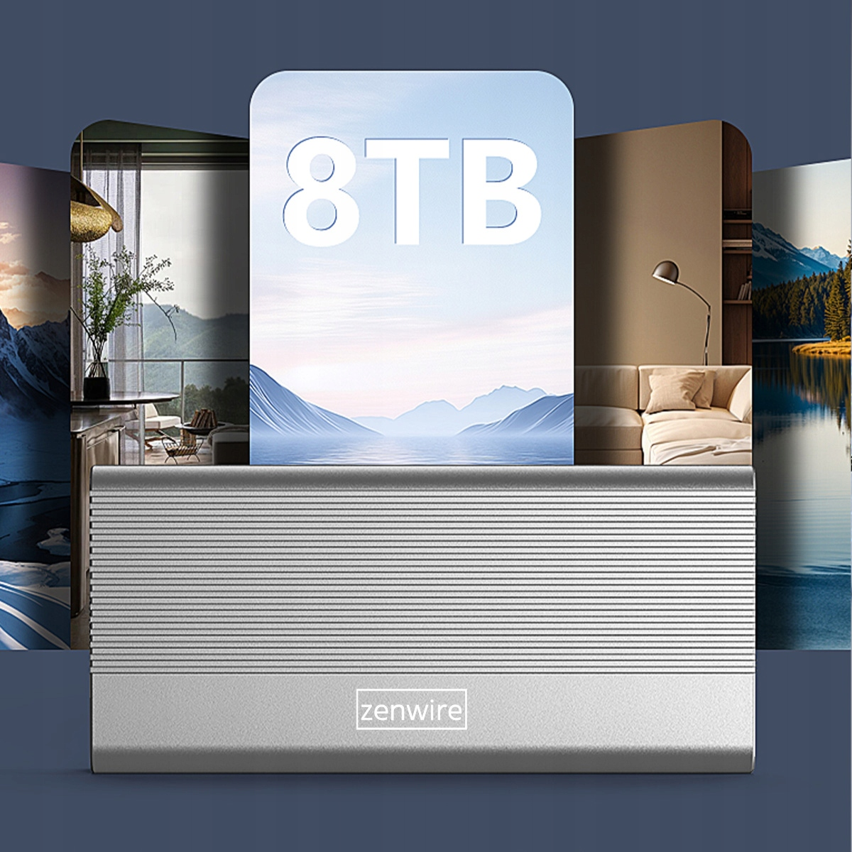 Srebrny dysk Zenwire 8TB na tle zmontowanych obrazów krajobrazów i wnętrz.