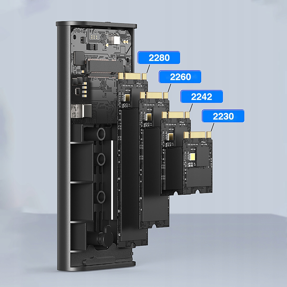 Obudowa zewnętrzna pokazuje dyski SSD w rozmiarach 2280, 2260, 2242 i 2230.