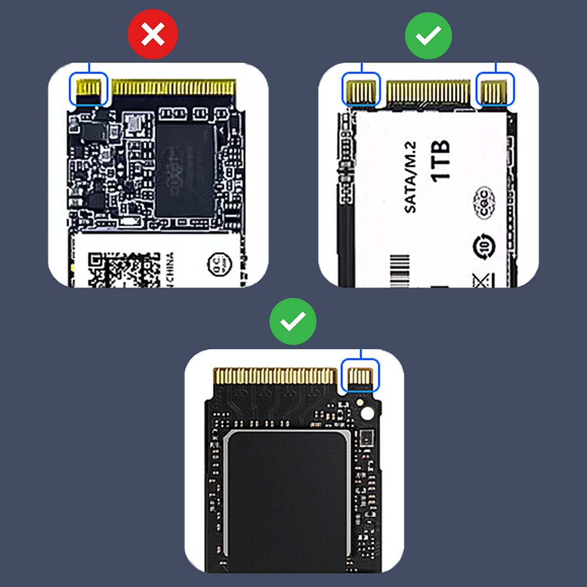 Trzy dyski SSD M.2. Jeden z czerwonym krzyżykiem, dwa z zielonymi zaznaczeniami.