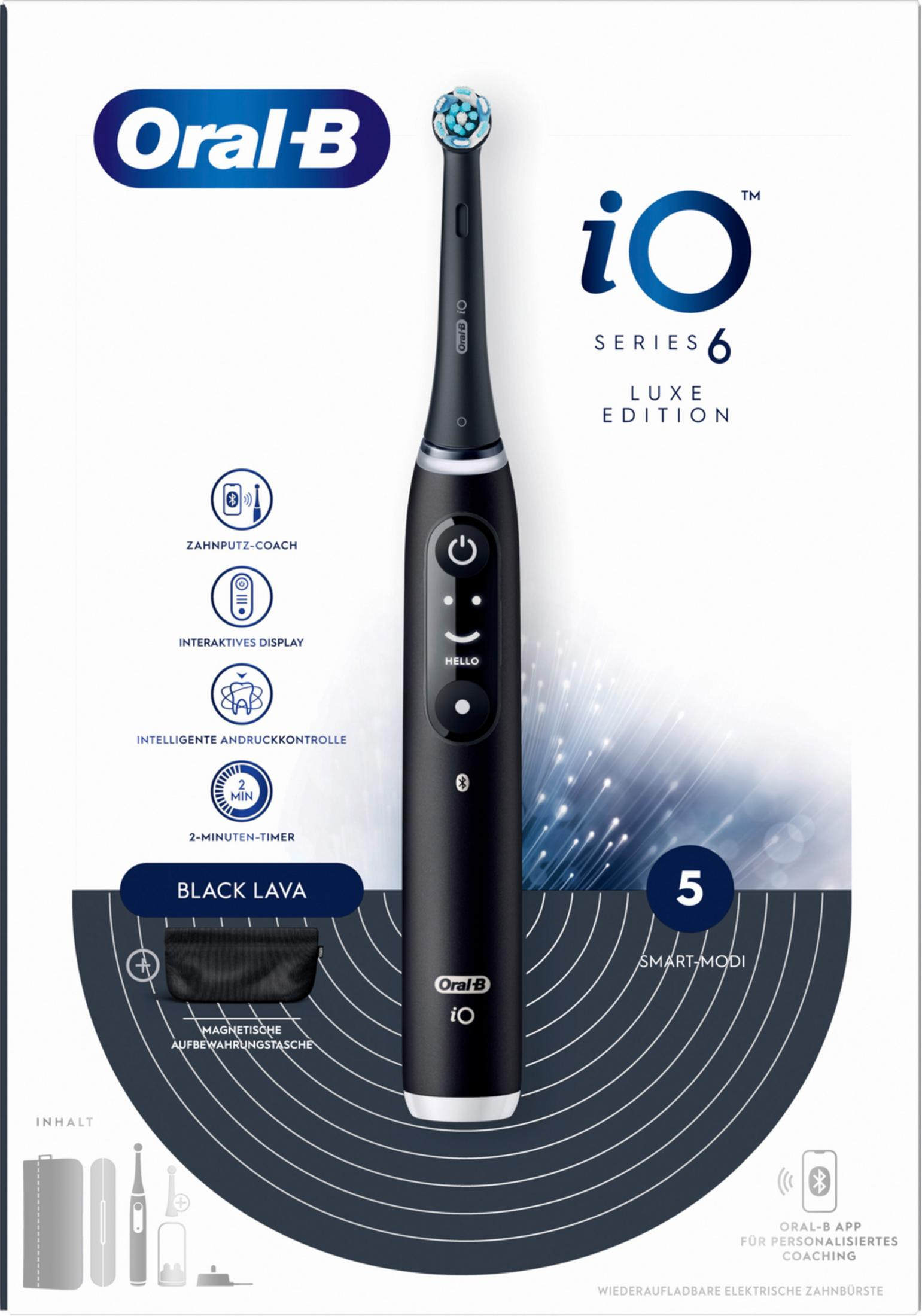 Czarna elektryczna szczoteczka do zębów Oral-B iO Series 6 Luxe Edition z wyświetlaczem i akcesoriami.
