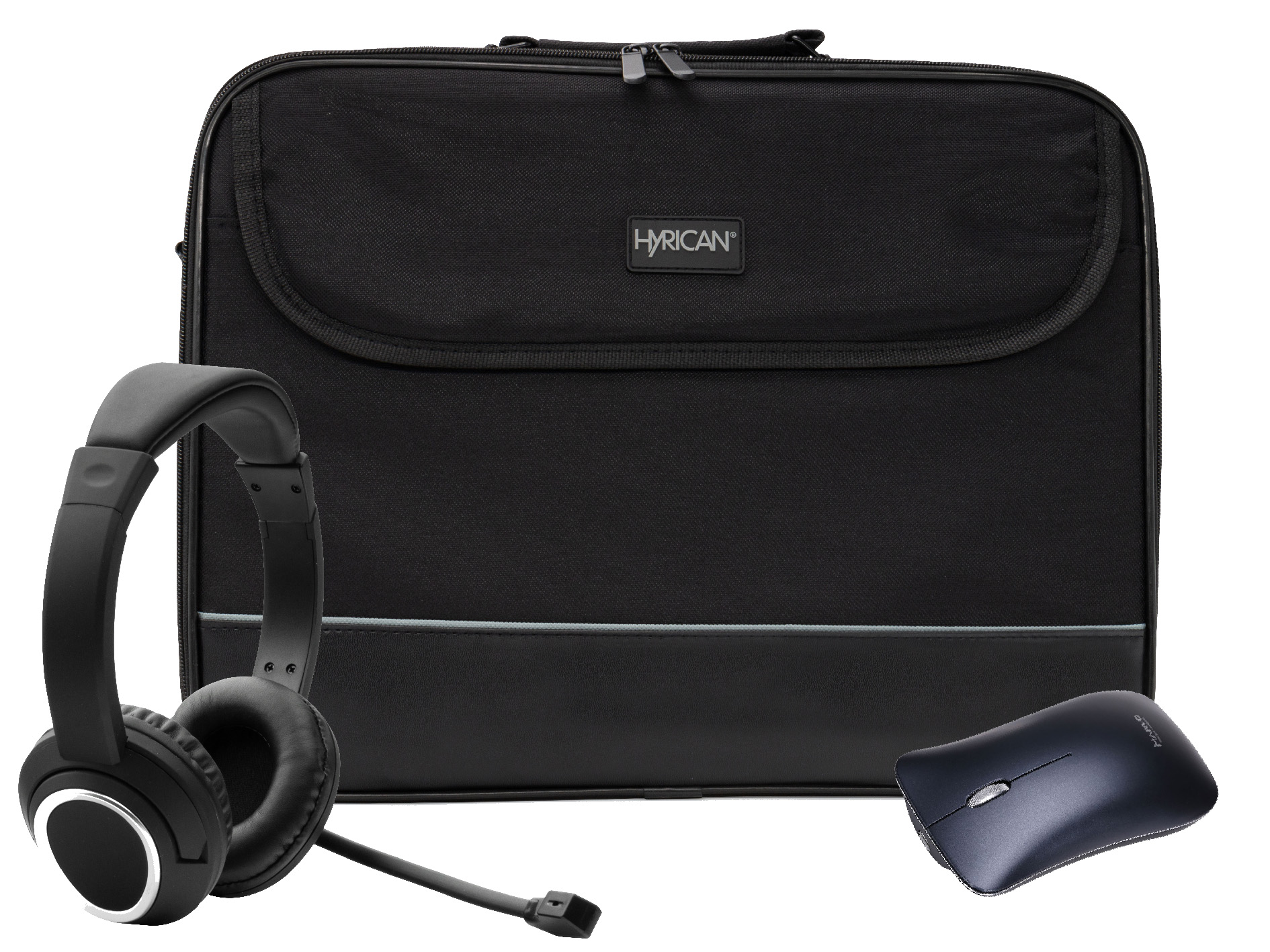 Schwarze Laptoptasche mit Kopfhörern und Maus.