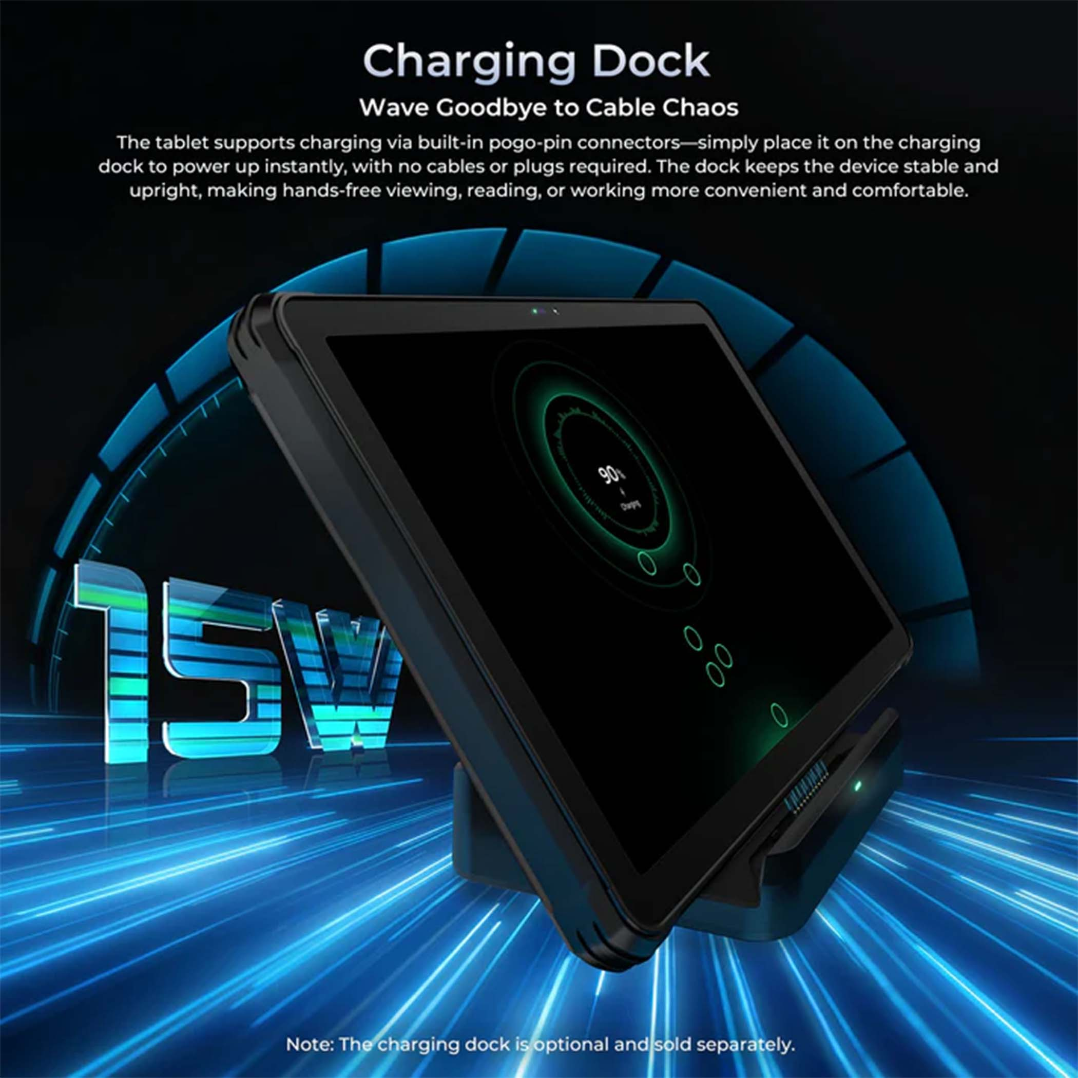 Tablet ładuje się na czarnej stacji dokującej 15W. Ekran pokazuje 90% naładowania.