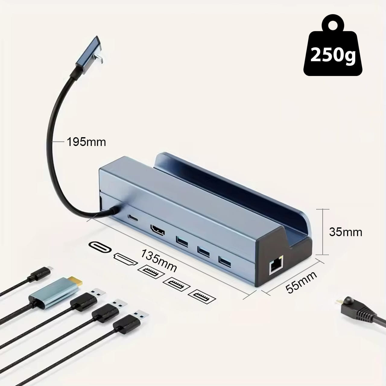 Niebieski hub stacji dokującej wieloportowej z kablami. Podano wymiary.