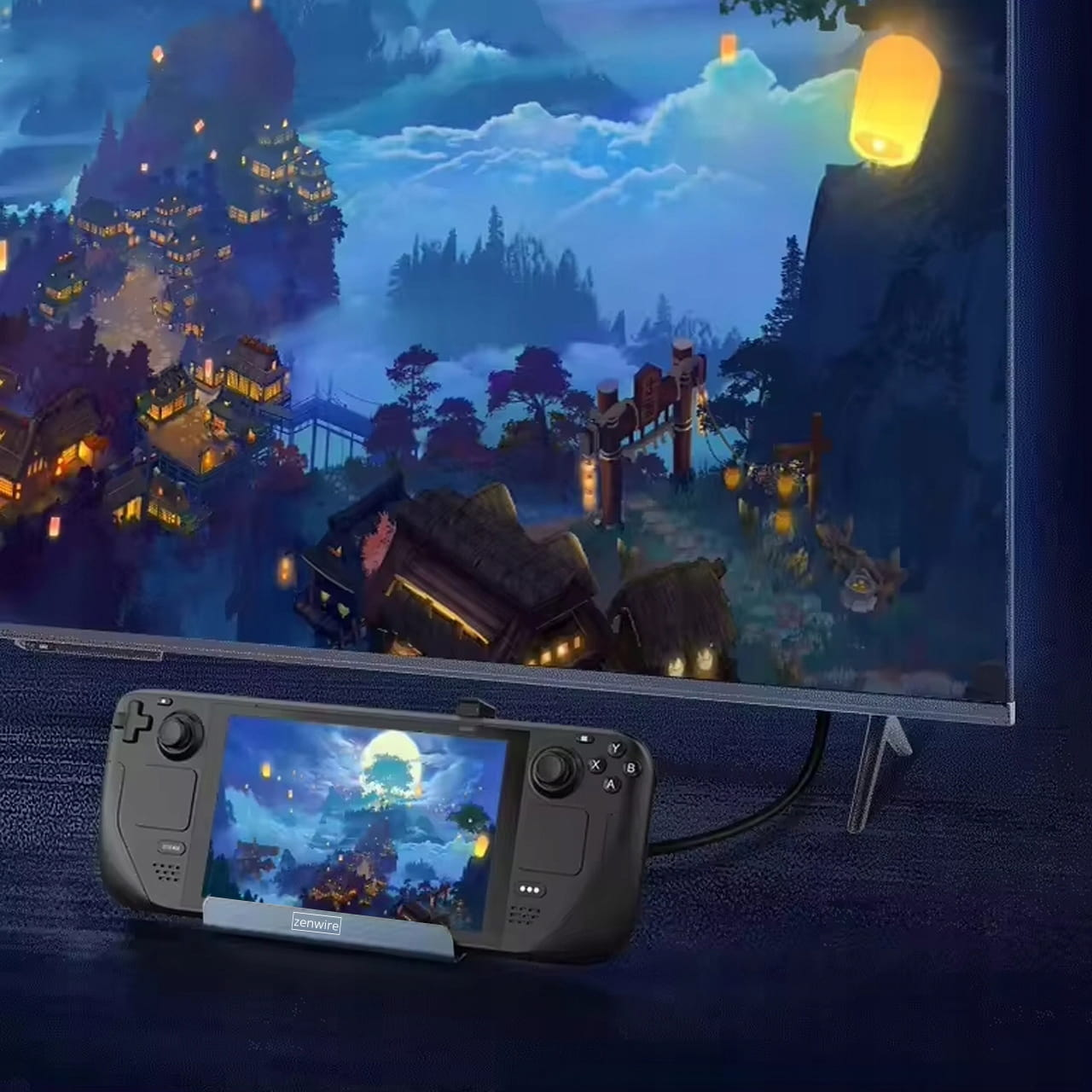 Steam Deck wyświetla grę z azjatyckim widokiem miasta przed większym ekranem.