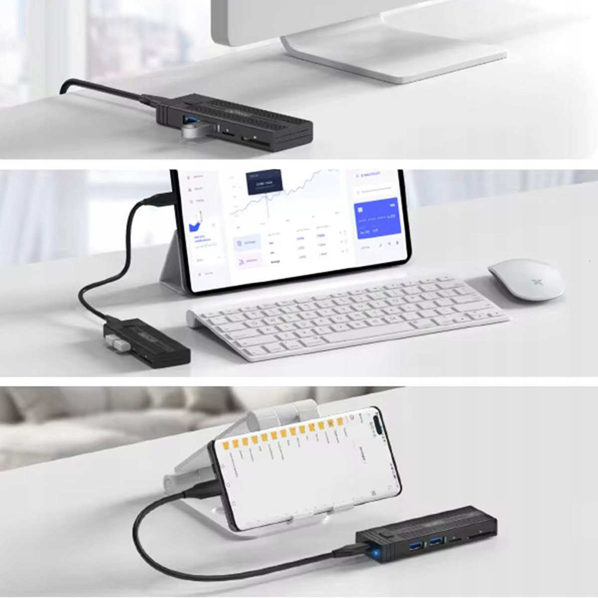 Czarny koncentrator USB-C jest podłączony do komputera; monitor jest w pobliżu.