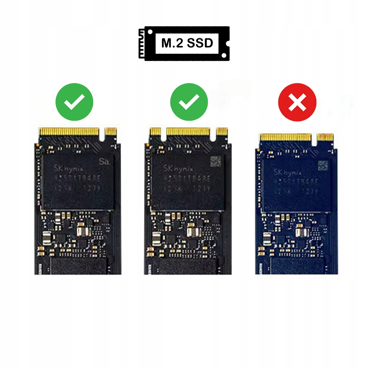 Dyski SSD M.2: dwa ze znakiem zapytania, jeden z krzyżykiem. Dwa są kompatybilne.